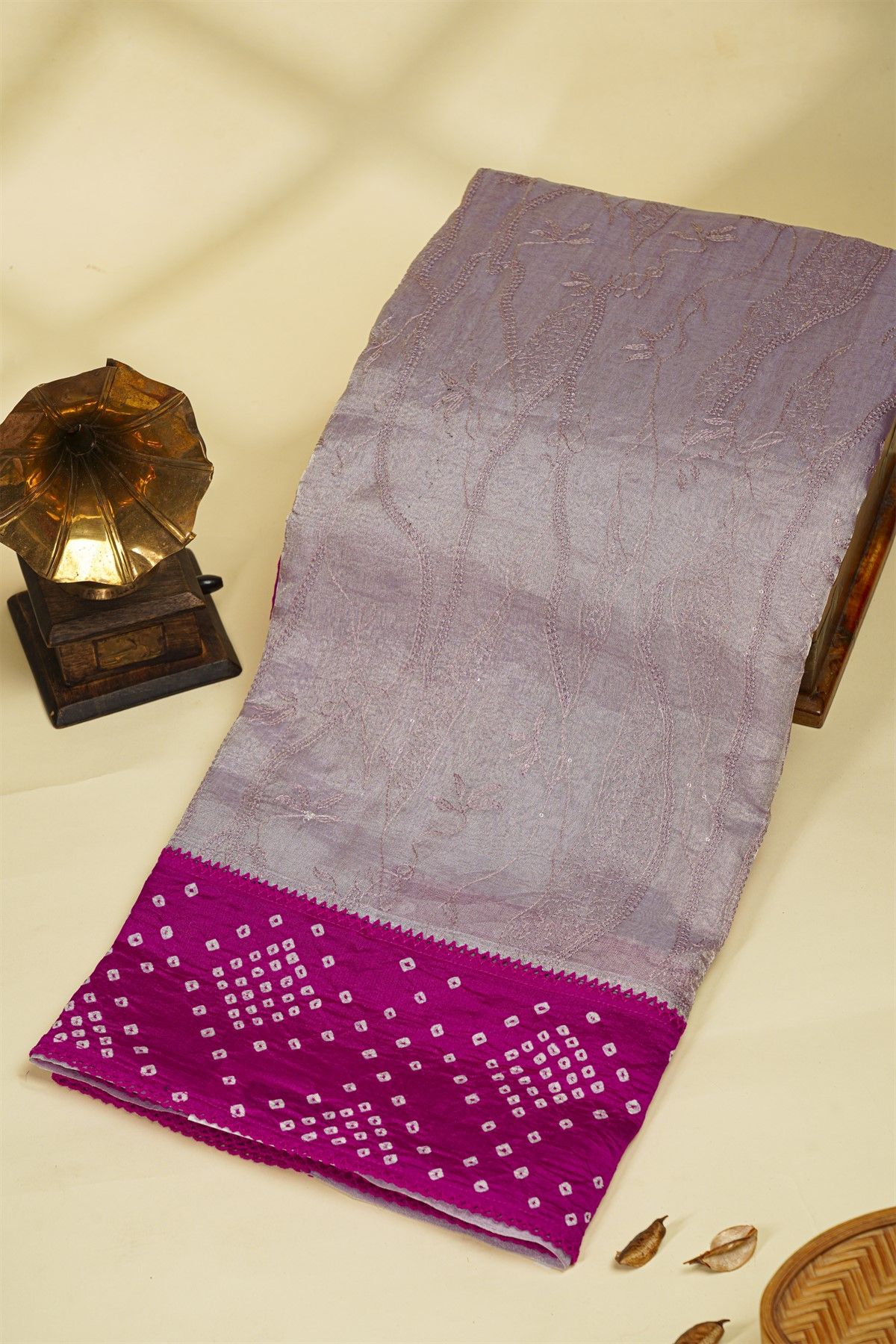 Fancy Kora Lavender Saree With Bandhani Dots Border