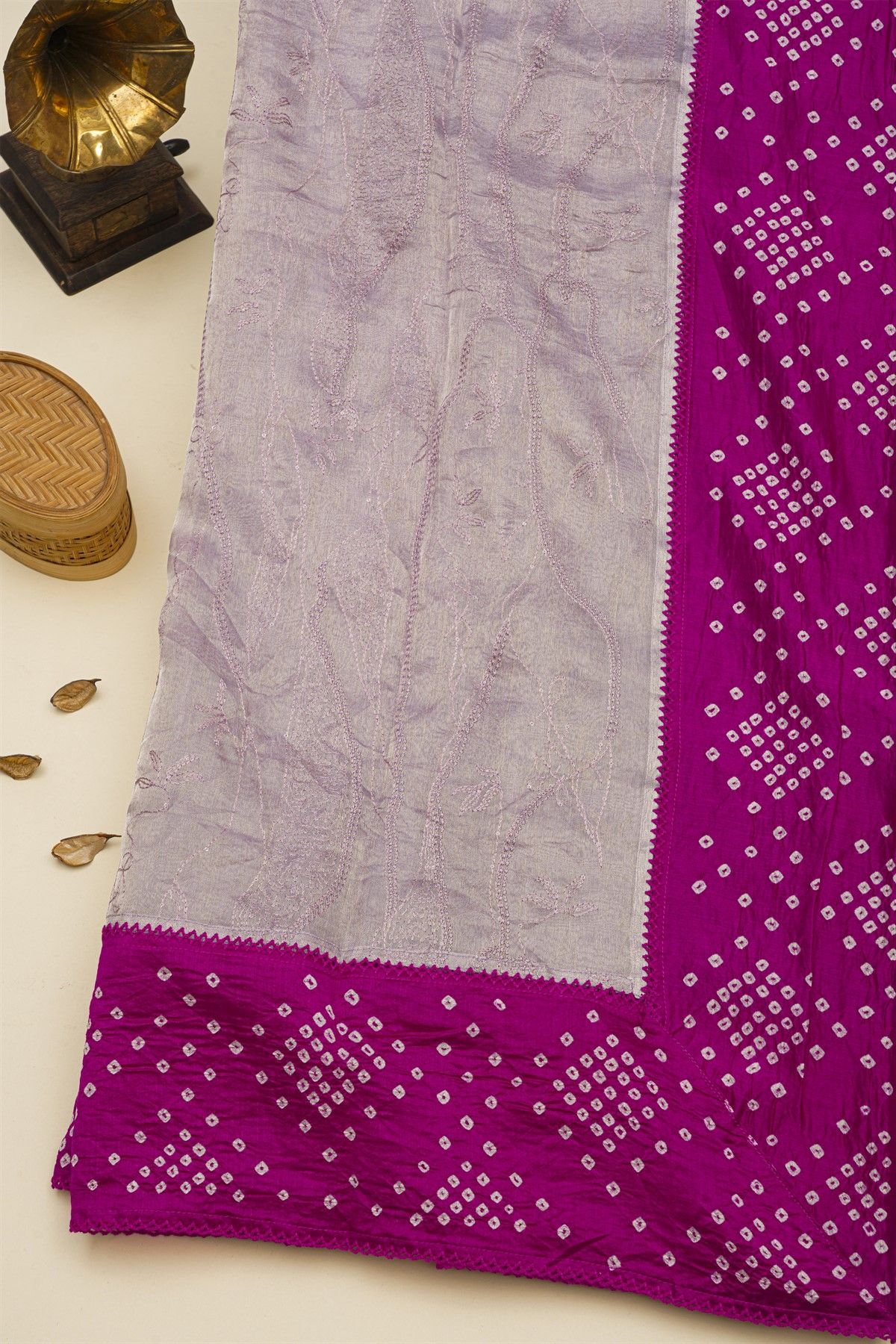 Fancy Kora Lavender Saree With Bandhani Dots Border