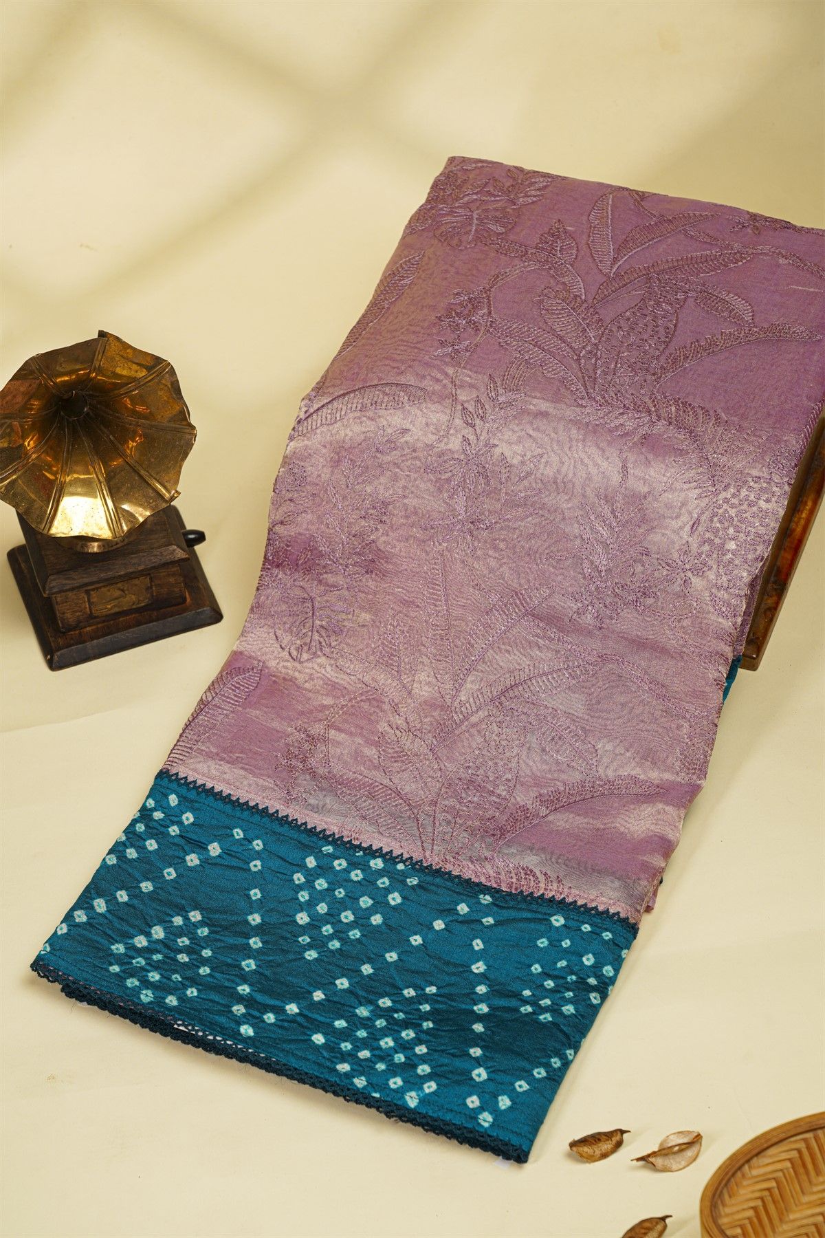 Fancy Kora Lavender Saree With Bandhani Dots Border