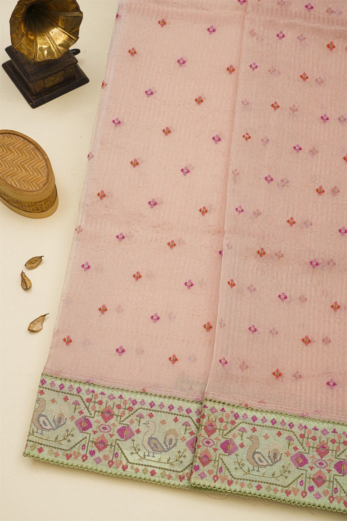 Fancy Kora Baby Pink Saree With Florals And Peacocks In Thread Work Border