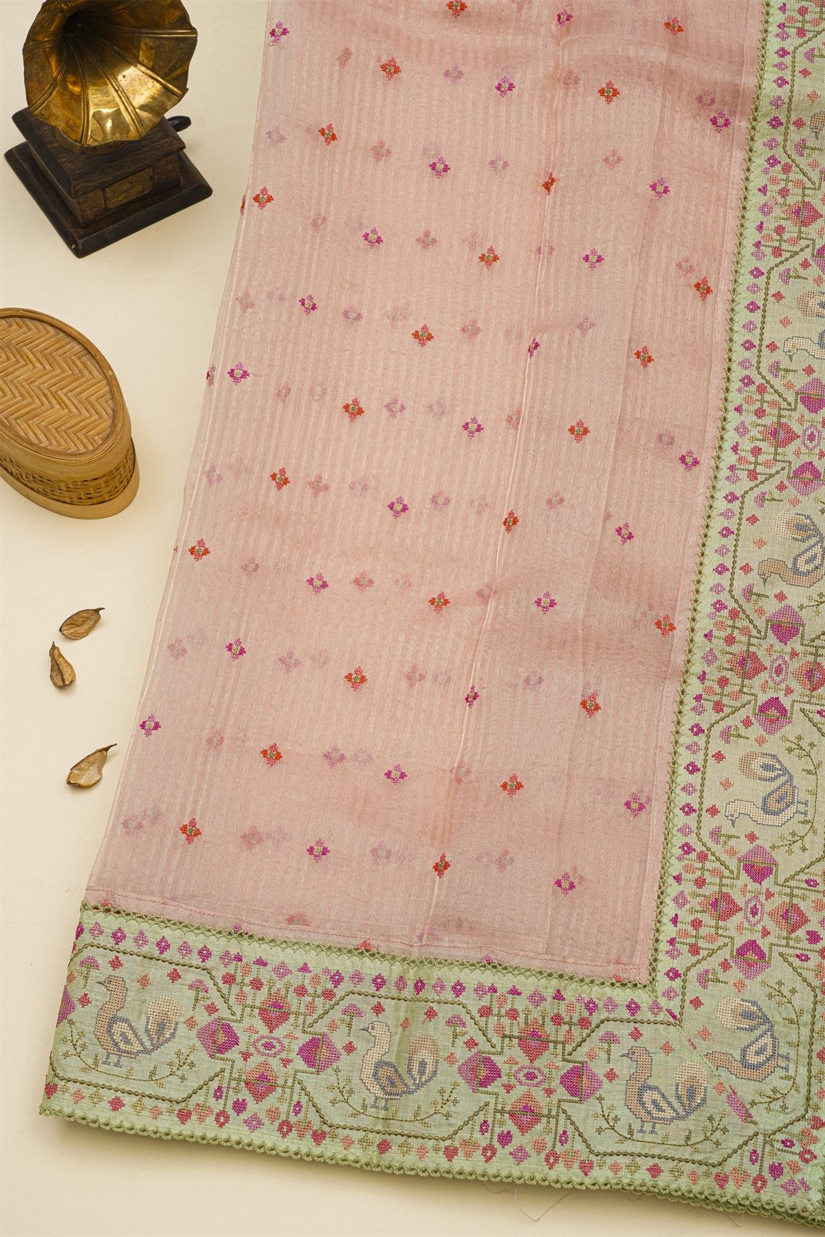 Fancy Kora Baby Pink Saree With Florals And Peacocks In Thread Work Border