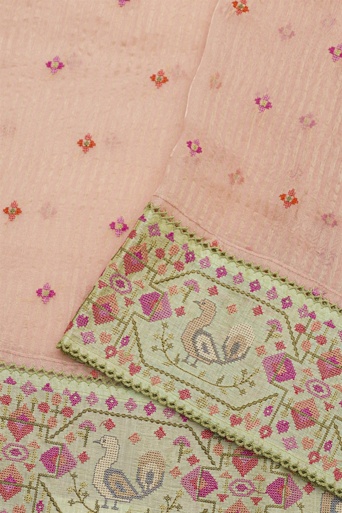 Fancy Kora Baby Pink Saree With Florals And Peacocks In Thread Work Border