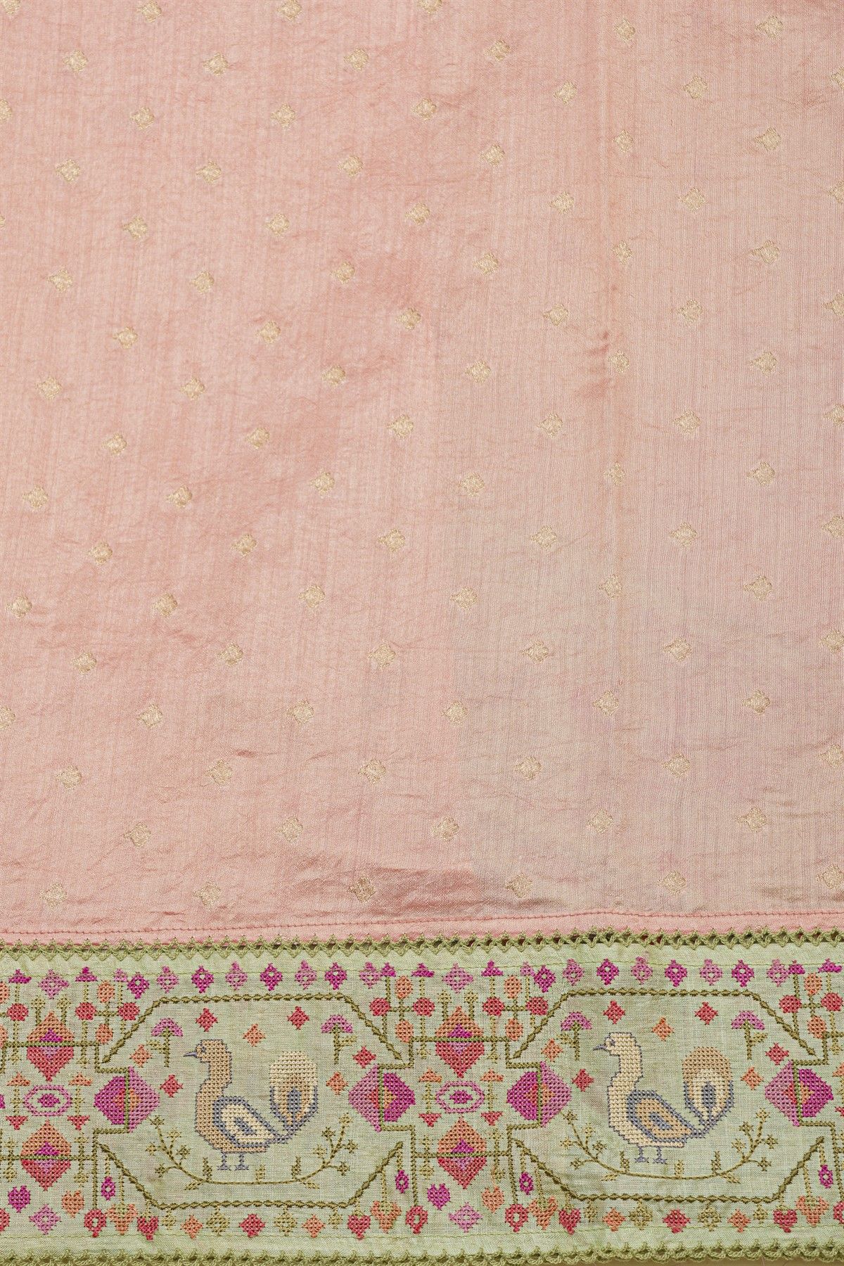 Fancy Kora Baby Pink Saree With Florals And Peacocks In Thread Work Border