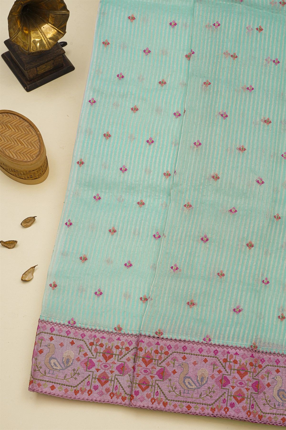 Fancy Kora Sky Blue Saree With Florals And Peacocks In Thread Work Border
