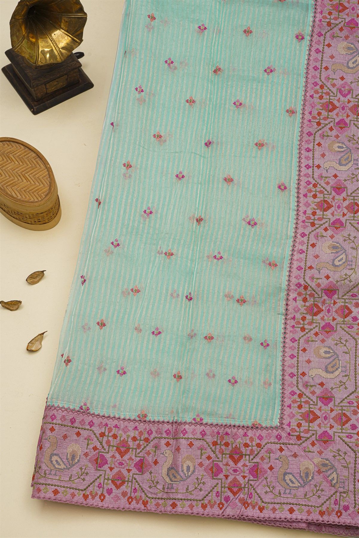 Fancy Kora Sky Blue Saree With Florals And Peacocks In Thread Work Border