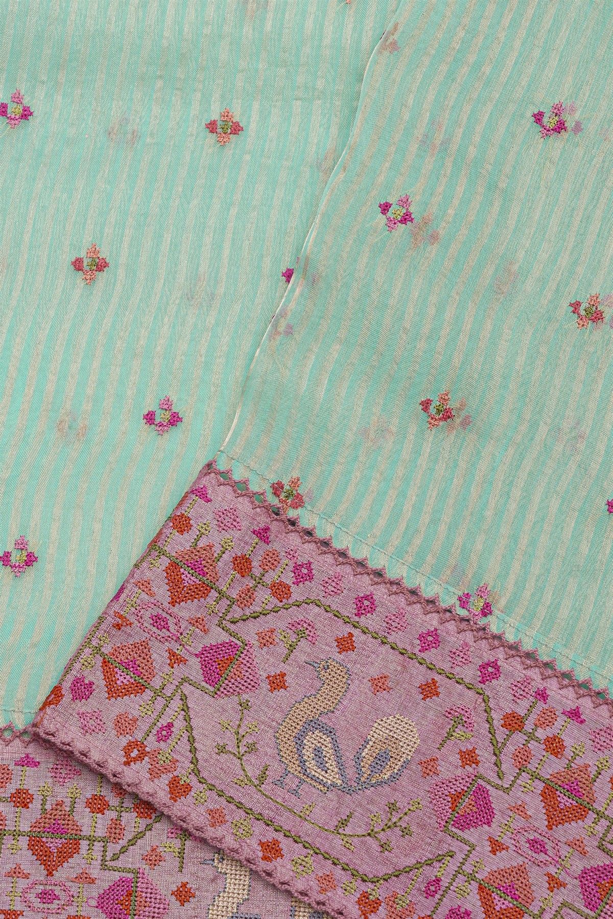 Fancy Kora Sky Blue Saree With Florals And Peacocks In Thread Work Border