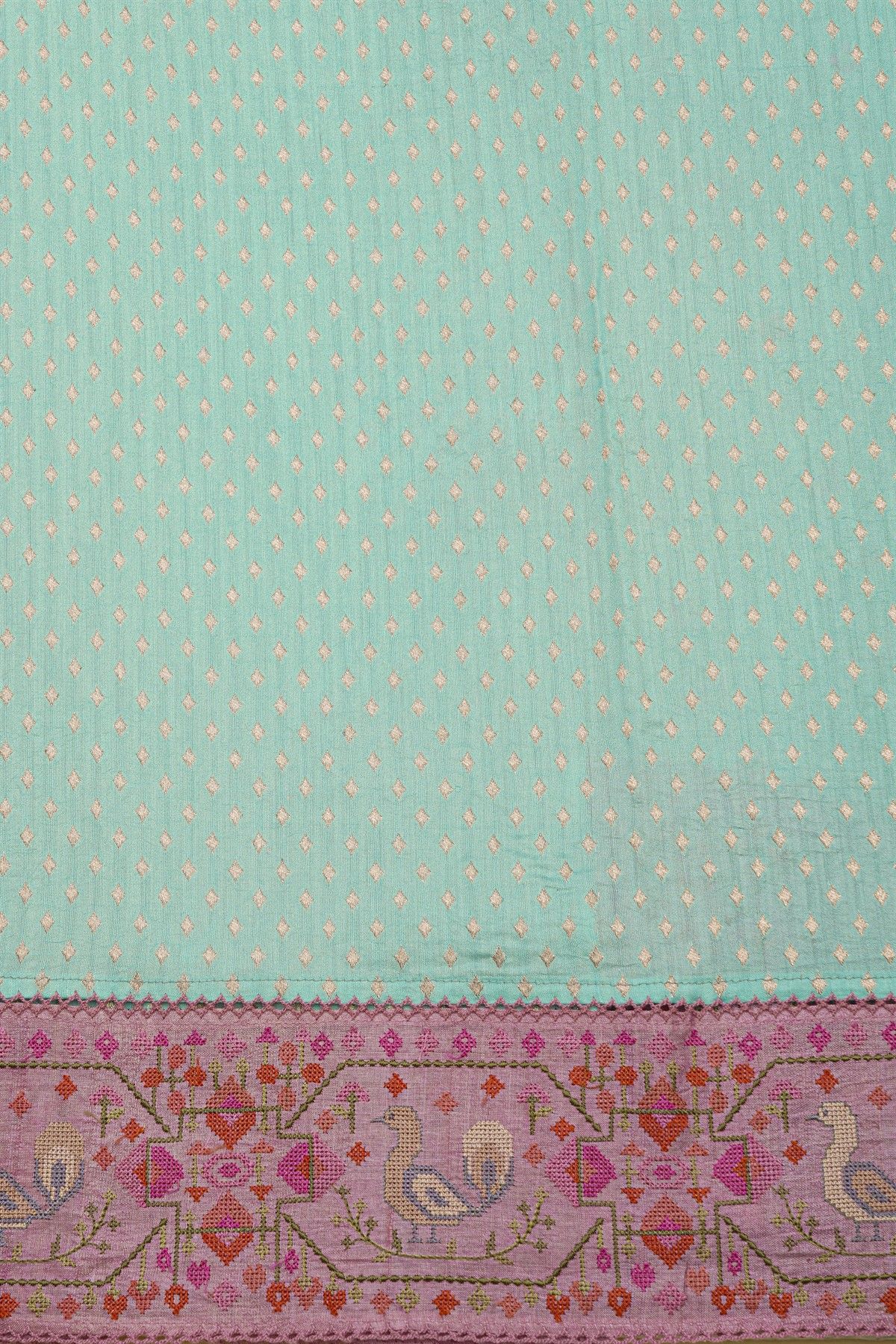 Fancy Kora Sky Blue Saree With Florals And Peacocks In Thread Work Border