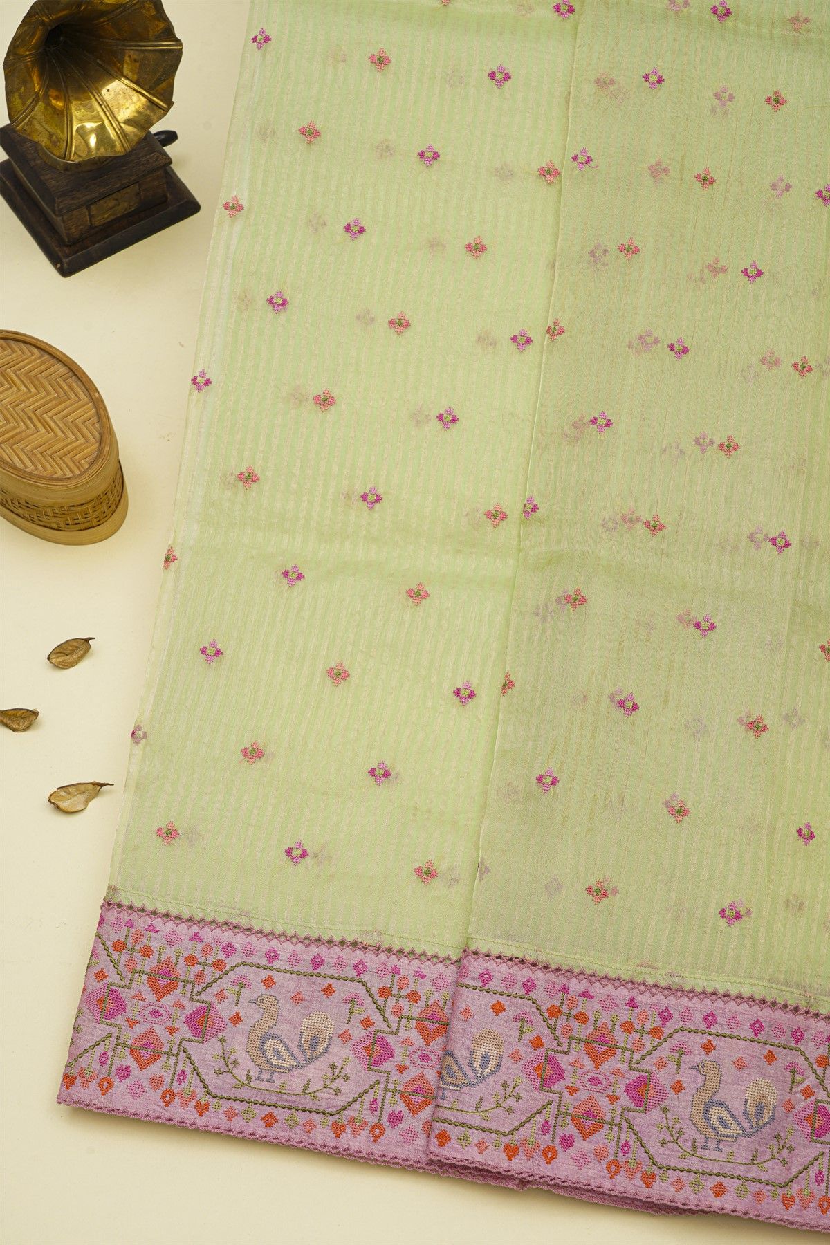 Fancy Kora Yellow Saree With Florals And Peacocks In Thread Work Border