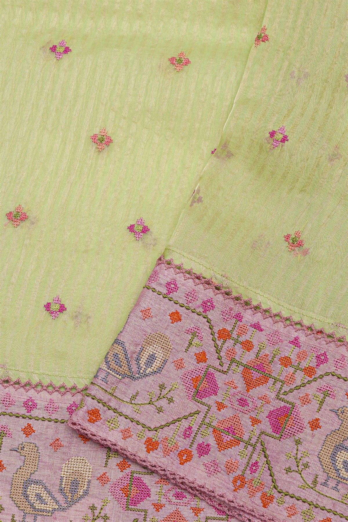 Fancy Kora Yellow Saree With Florals And Peacocks In Thread Work Border