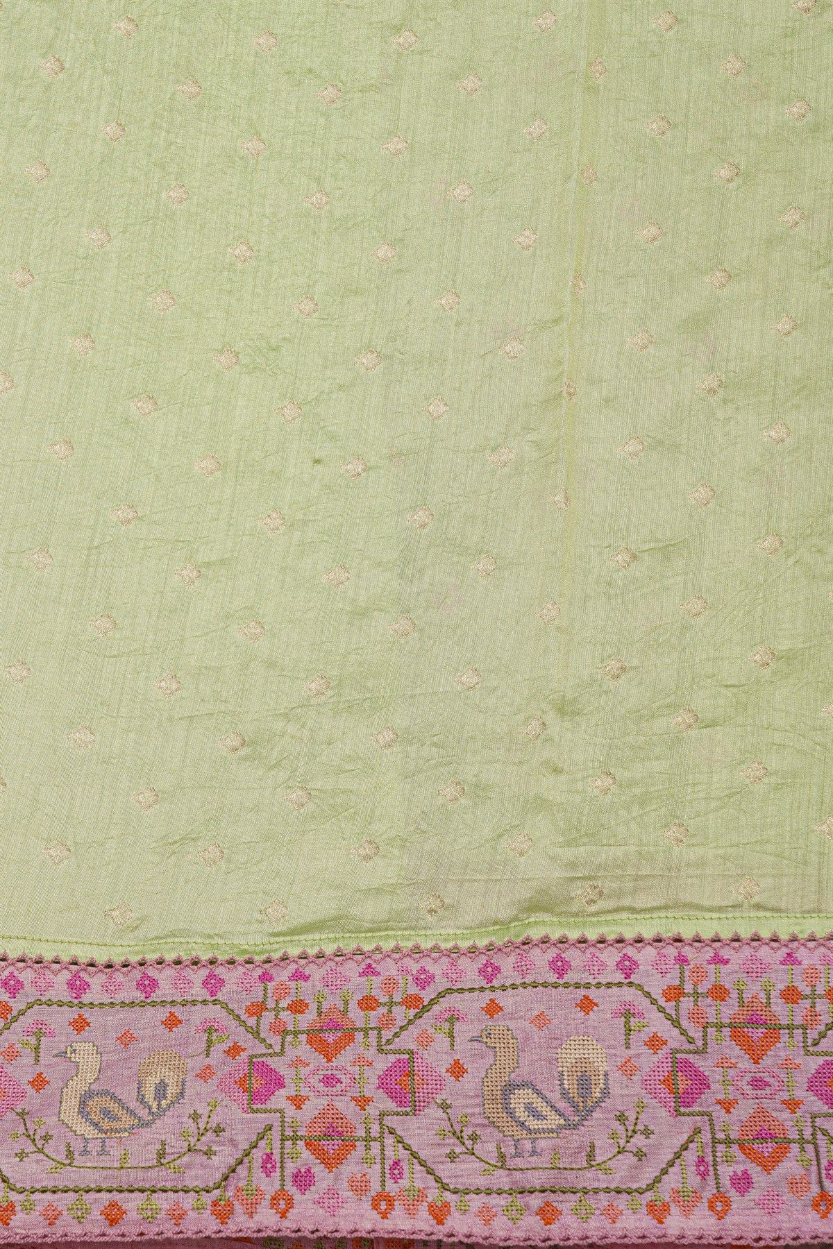 Fancy Kora Yellow Saree With Florals And Peacocks In Thread Work Border