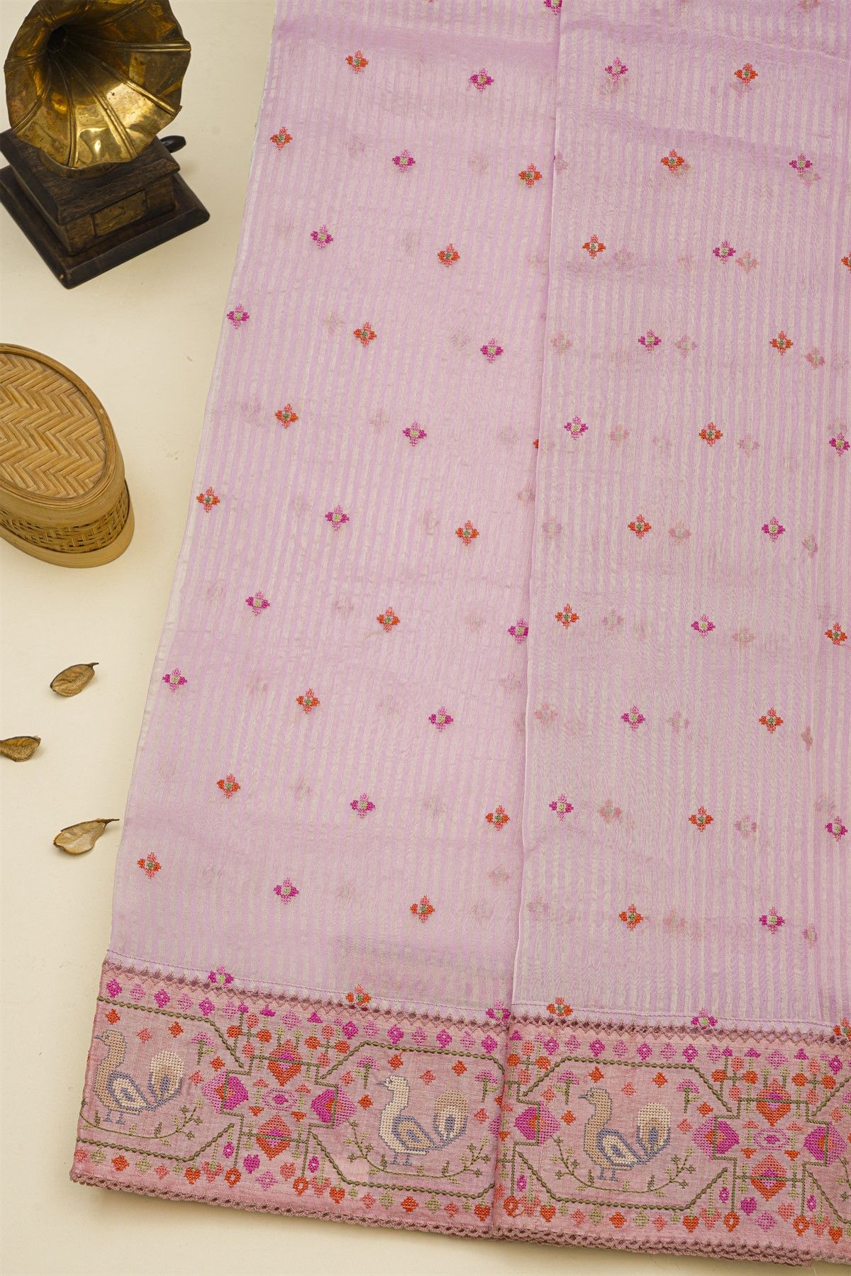 Fancy Kora Baby Pink Saree With Florals And Peacocks In Thread Work Border