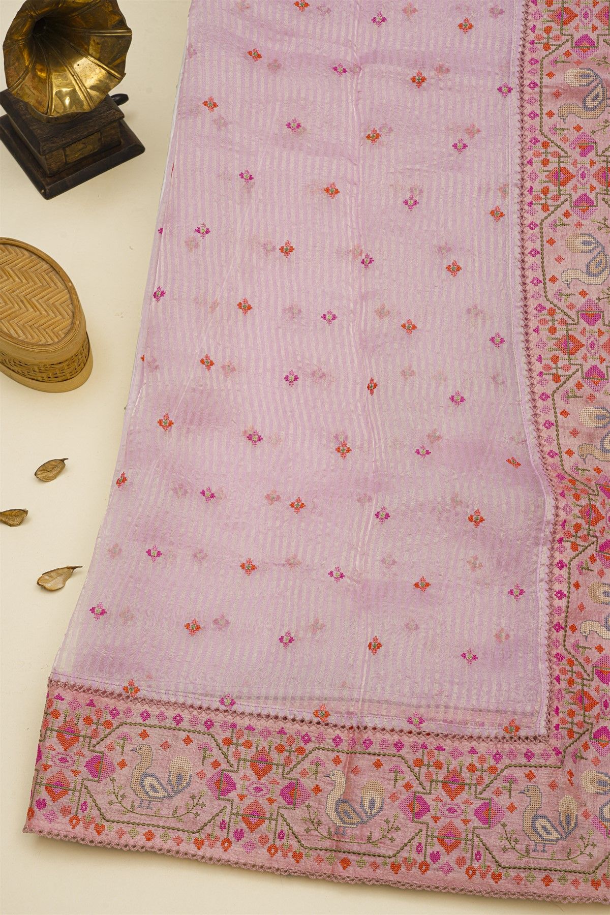 Fancy Kora Baby Pink Saree With Florals And Peacocks In Thread Work Border