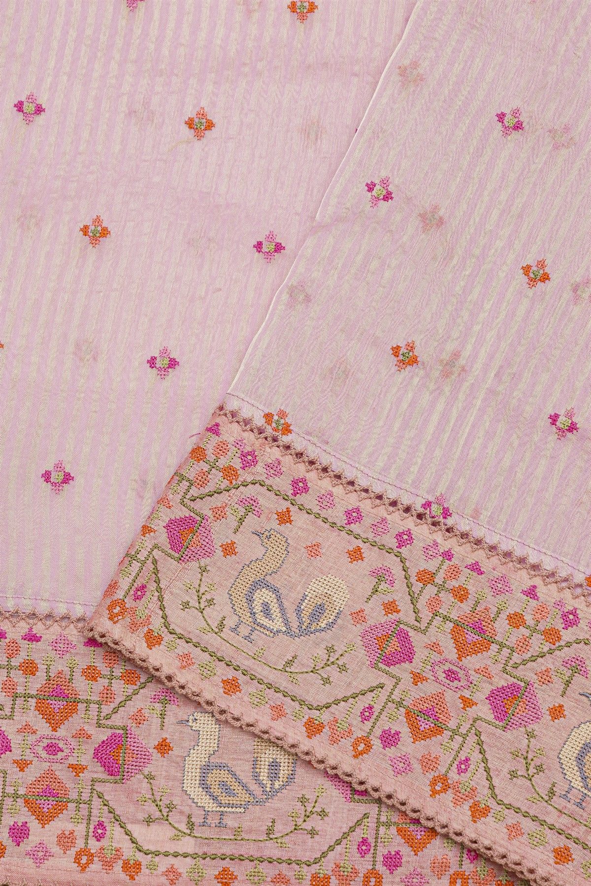 Fancy Kora Baby Pink Saree With Florals And Peacocks In Thread Work Border