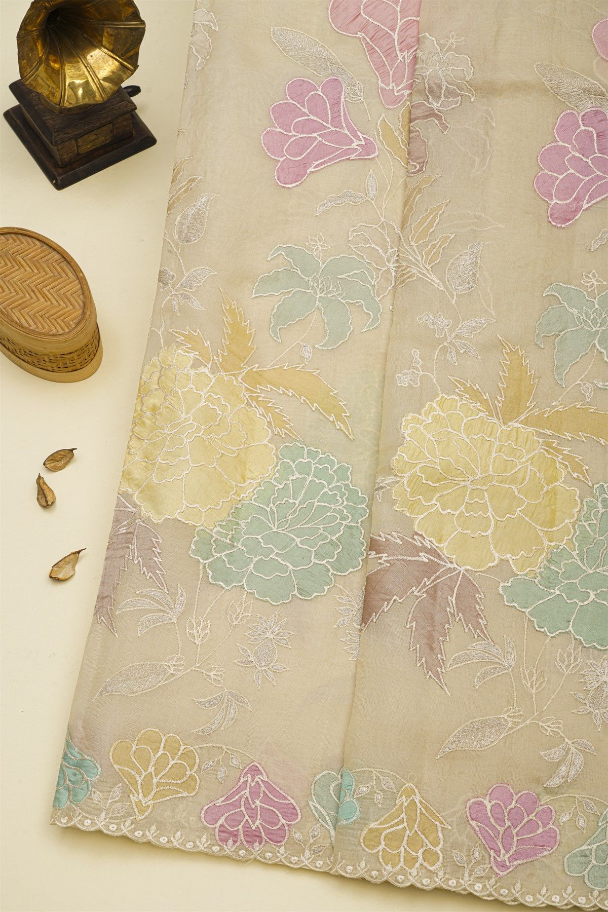 Fancy Kora Cream Saree With Cut Work Border