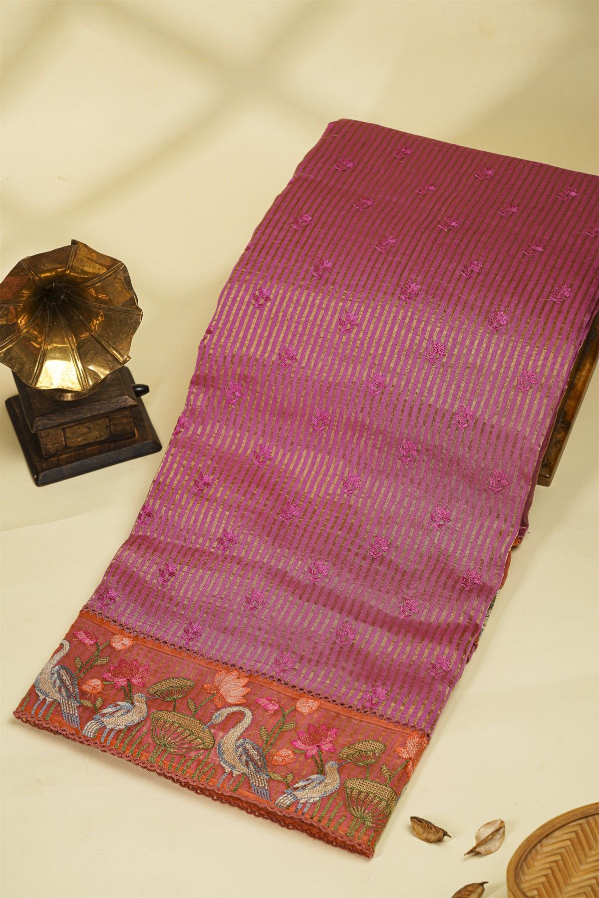 Fancy Kora Pink Saree With Florals And Cranes In Thread Work Border