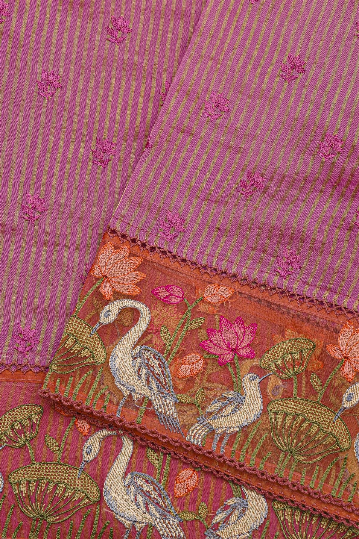 Fancy Kora Pink Saree With Florals And Cranes In Thread Work Border