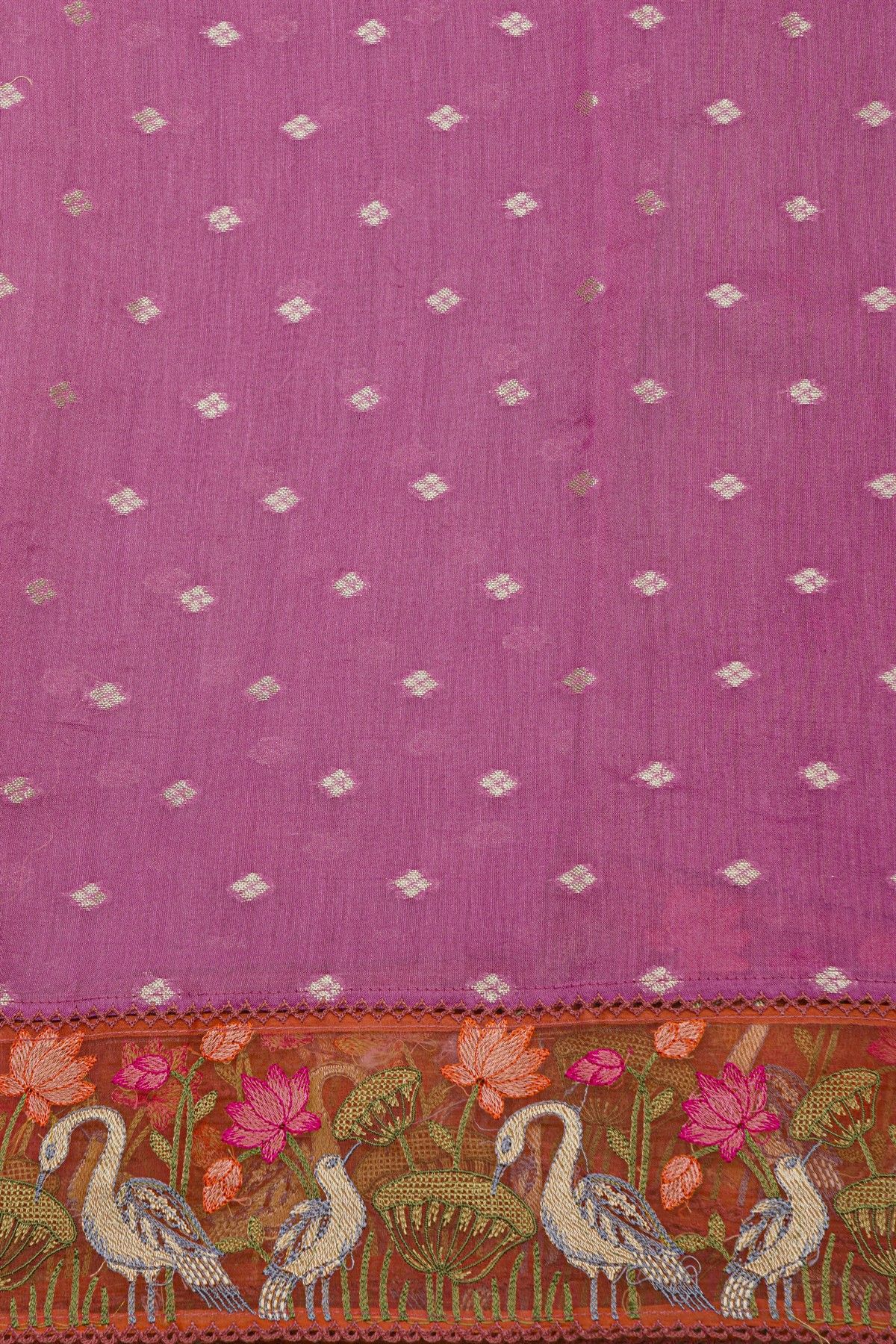 Fancy Kora Pink Saree With Florals And Cranes In Thread Work Border
