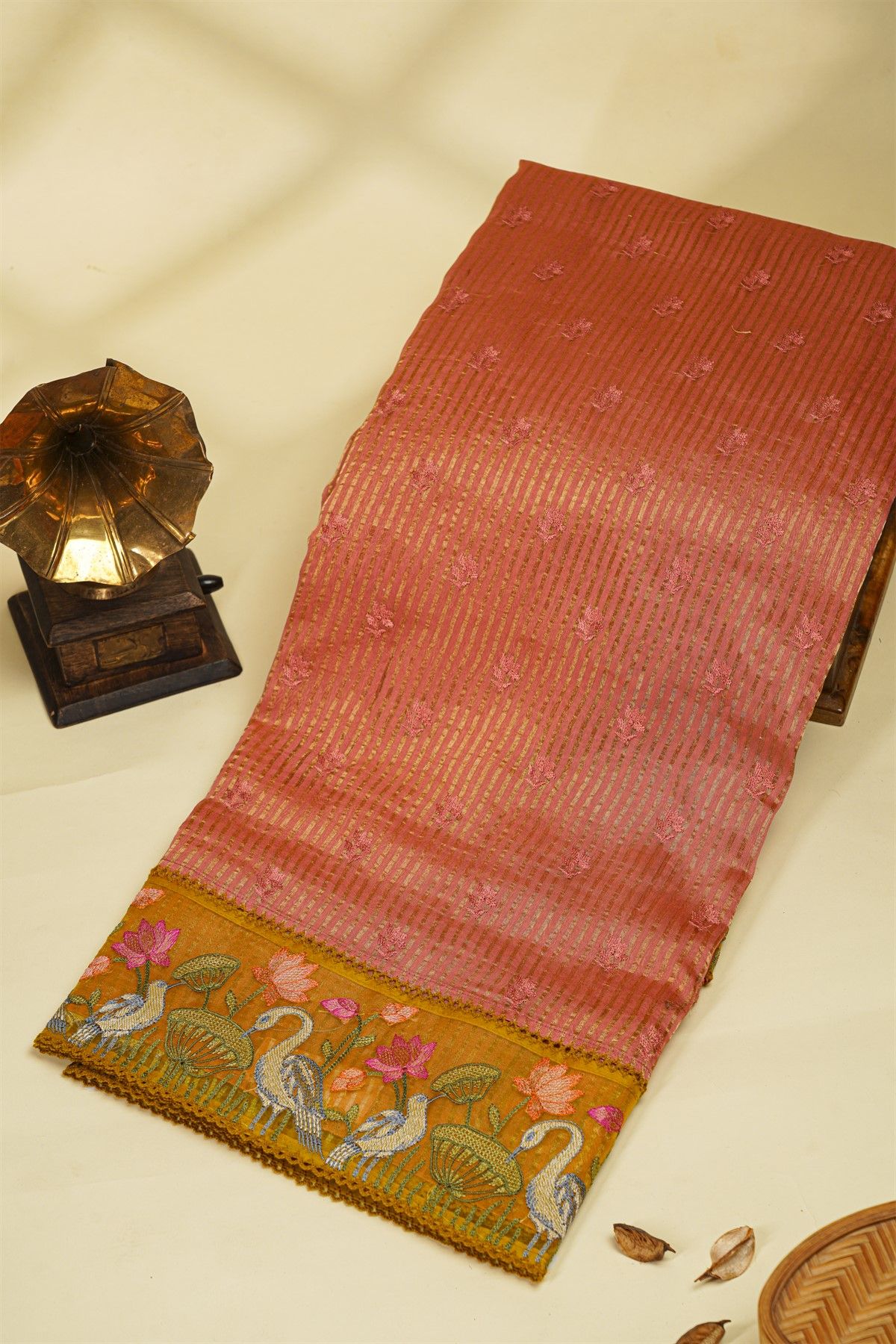 Fancy Kora Red Saree With Florals And Cranes In Thread Work Border