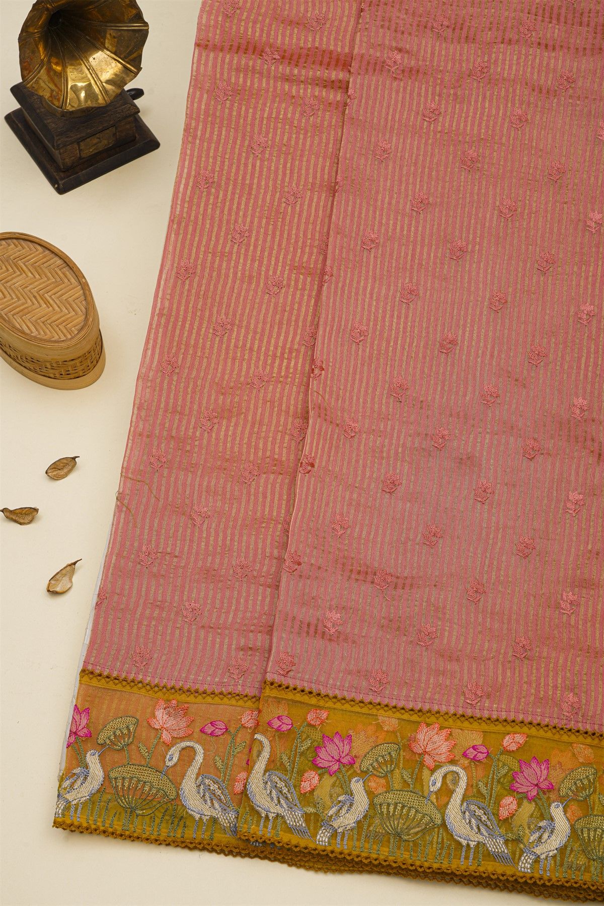 Fancy Kora Red Saree With Florals And Cranes In Thread Work Border
