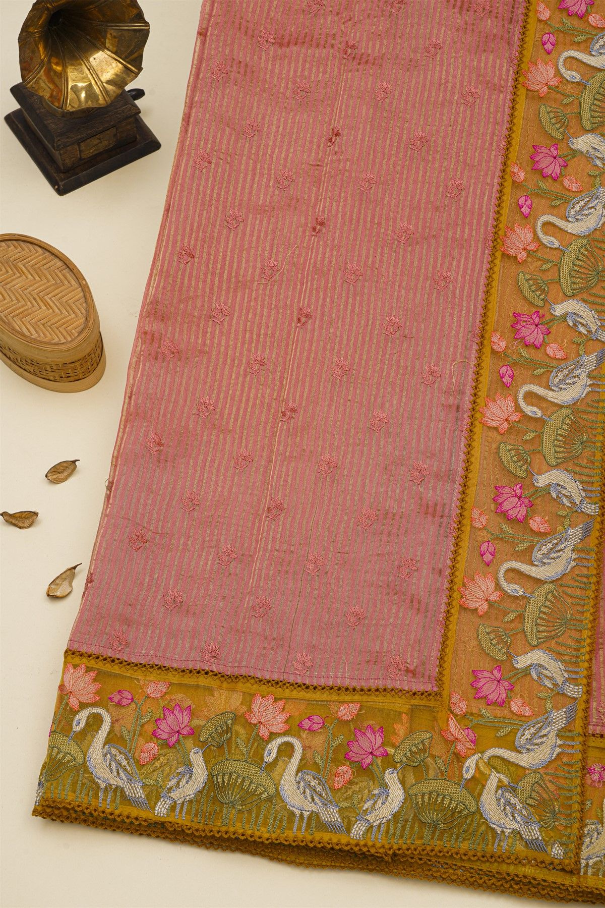 Fancy Kora Red Saree With Florals And Cranes In Thread Work Border