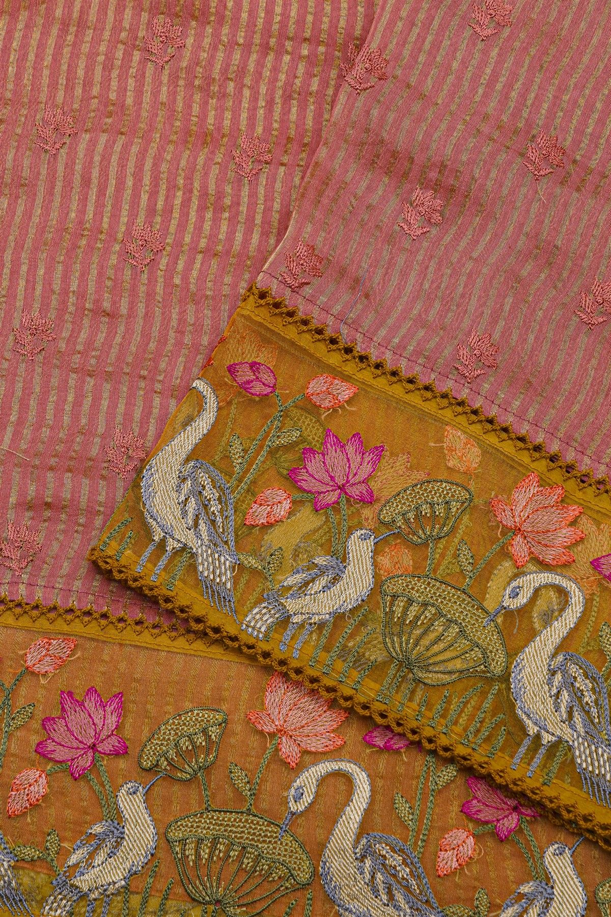 Fancy Kora Red Saree With Florals And Cranes In Thread Work Border