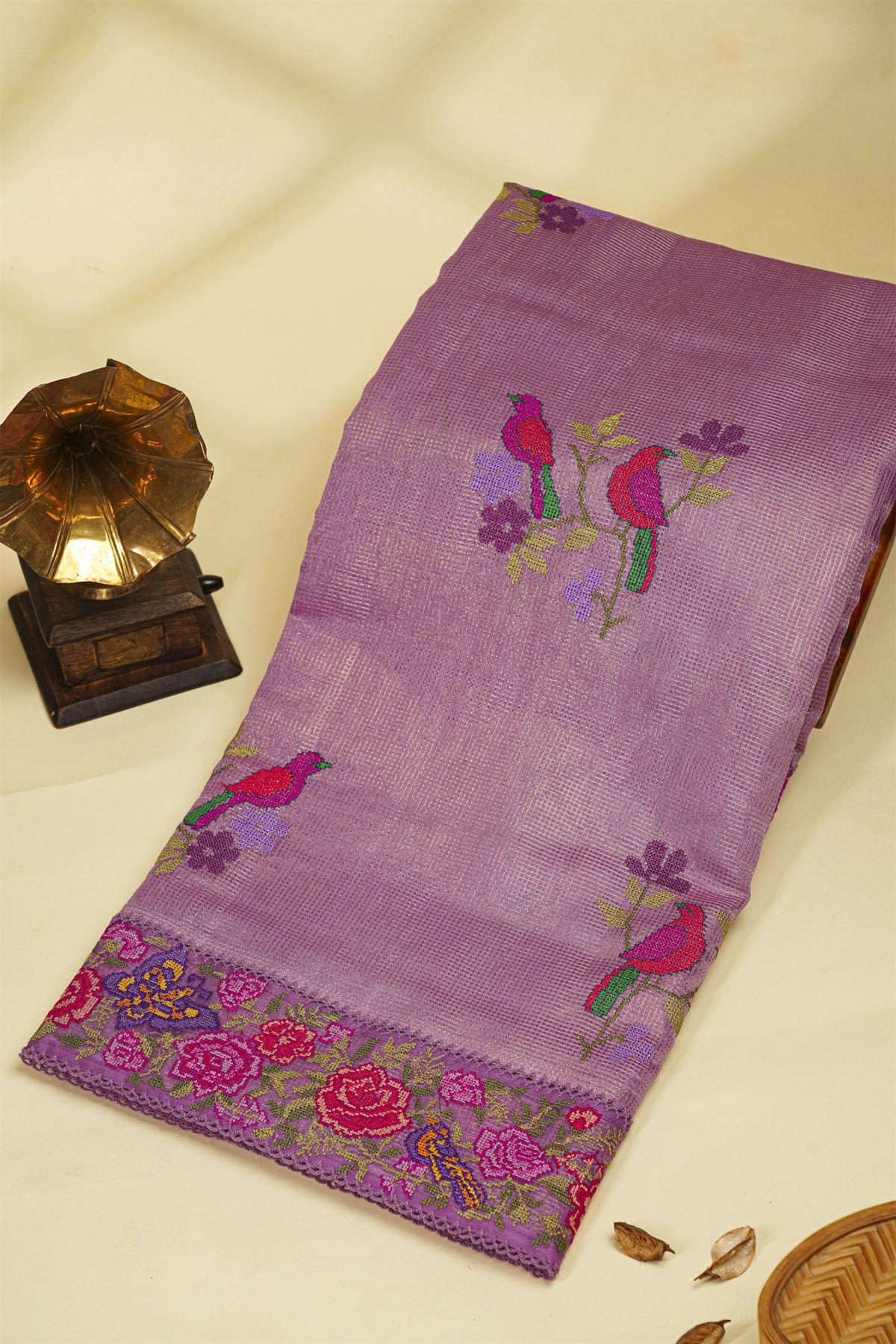 Fancy Kora Lilac Saree With Florals And Butterflies In Thread Work Border