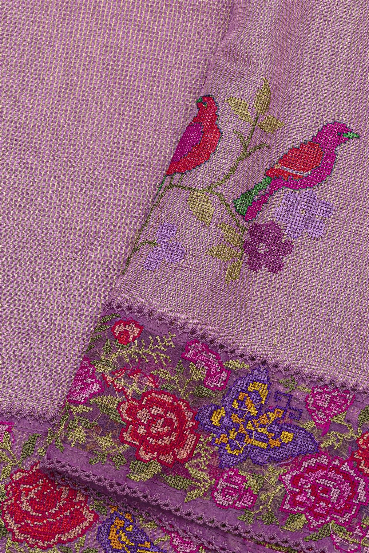 Fancy Kora Lilac Saree With Florals And Butterflies In Thread Work Border