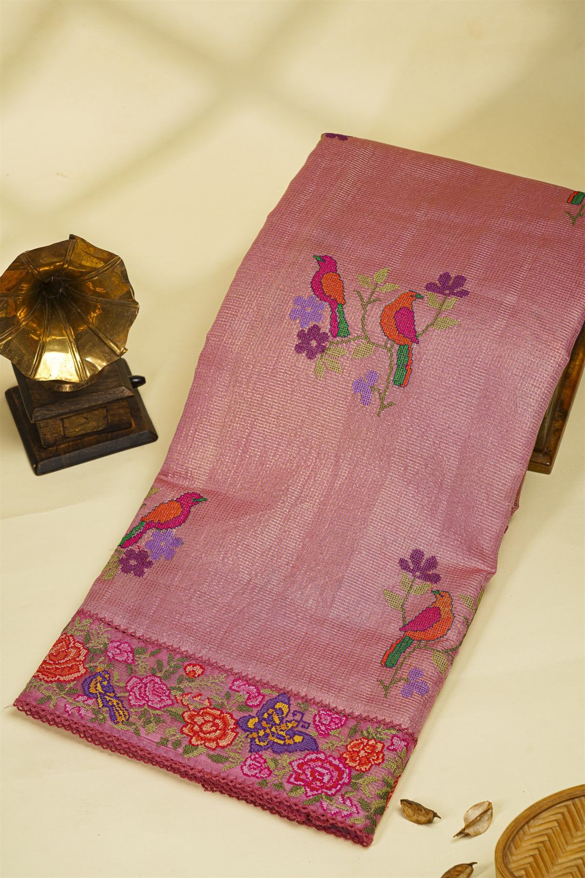 Fancy Kora Baby Pink Saree With Florals And Butterflies In Thread Work Border