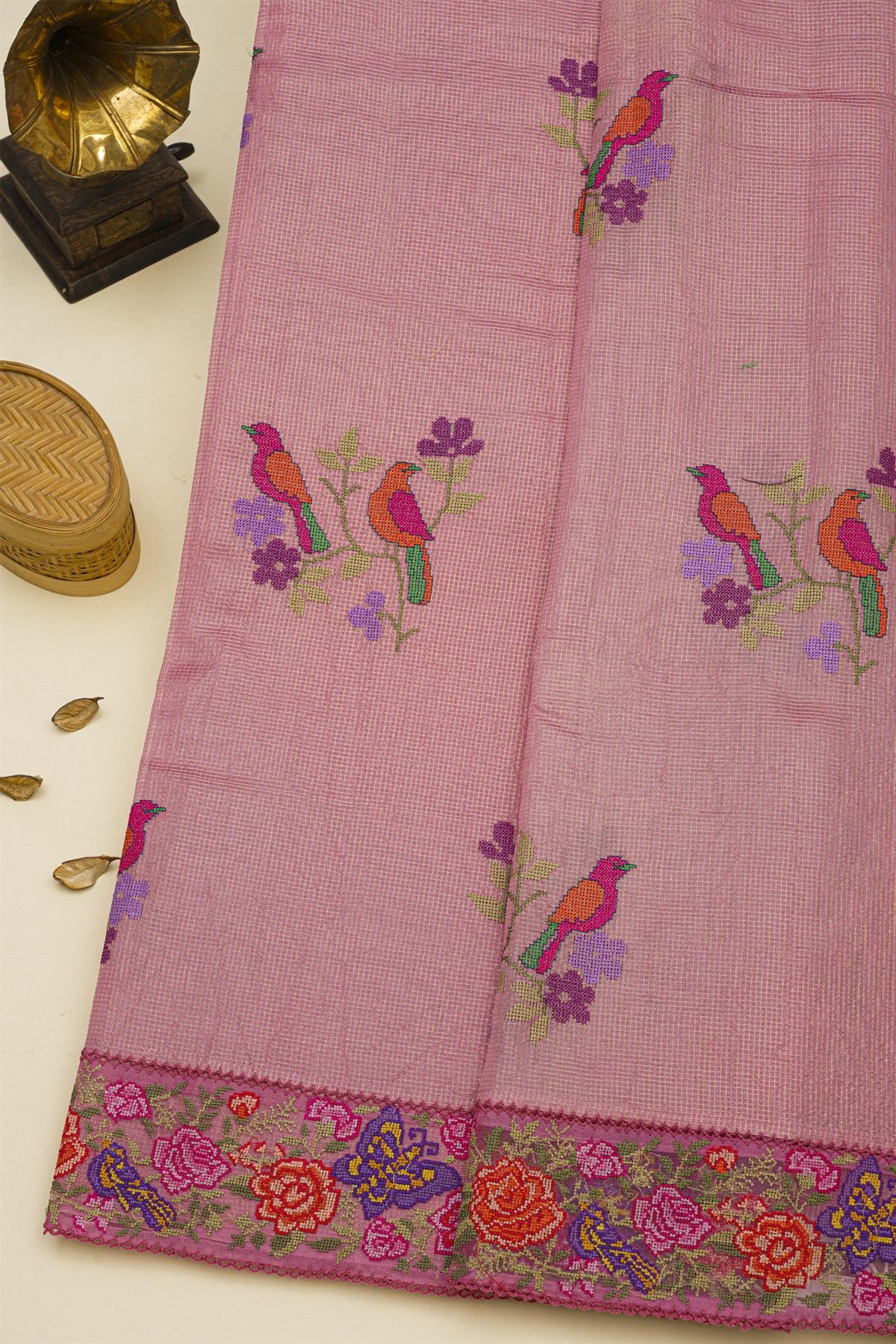 Fancy Kora Baby Pink Saree With Florals And Butterflies In Thread Work Border