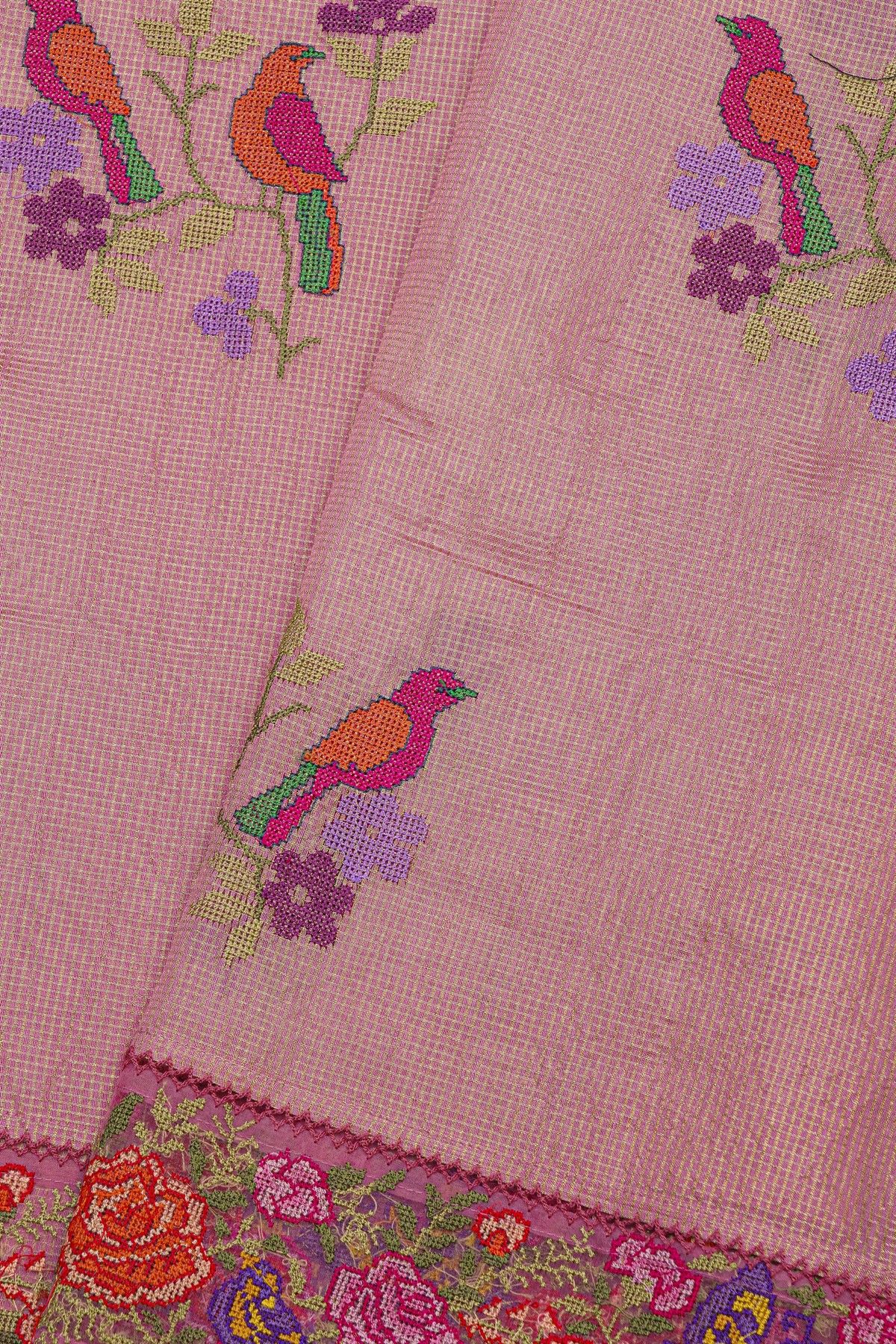 Fancy Kora Baby Pink Saree With Florals And Butterflies In Thread Work Border