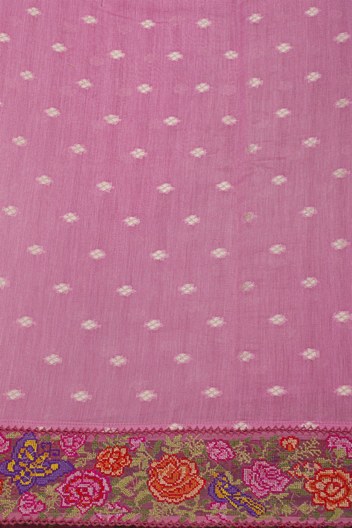 Fancy Kora Baby Pink Saree With Florals And Butterflies In Thread Work Border