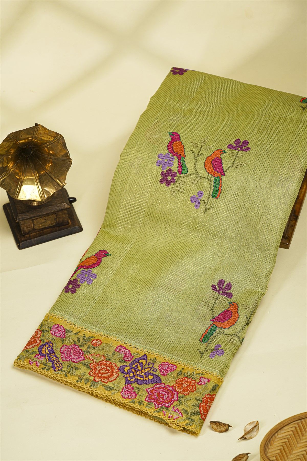 Fancy Kora Light Yellow Saree With Florals And Butterflies In Thread Work Border