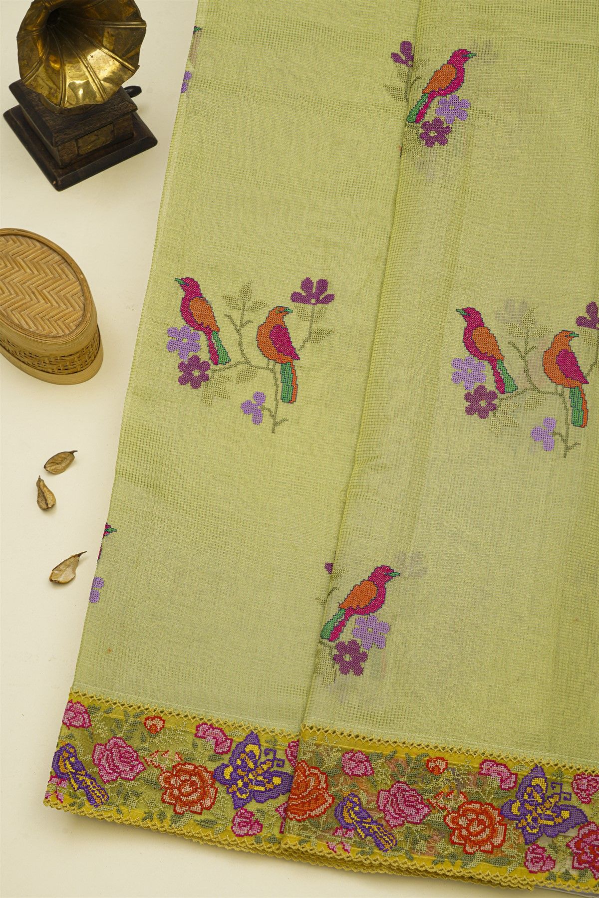 Fancy Kora Light Yellow Saree With Florals And Butterflies In Thread Work Border