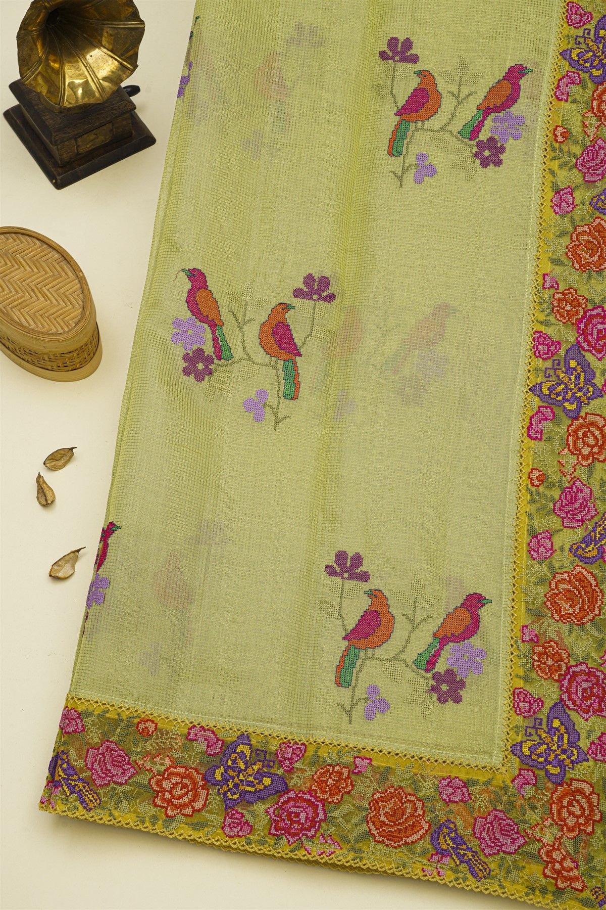 Fancy Kora Light Yellow Saree With Florals And Butterflies In Thread Work Border