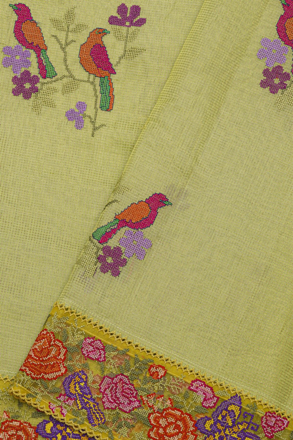 Fancy Kora Light Yellow Saree With Florals And Butterflies In Thread Work Border