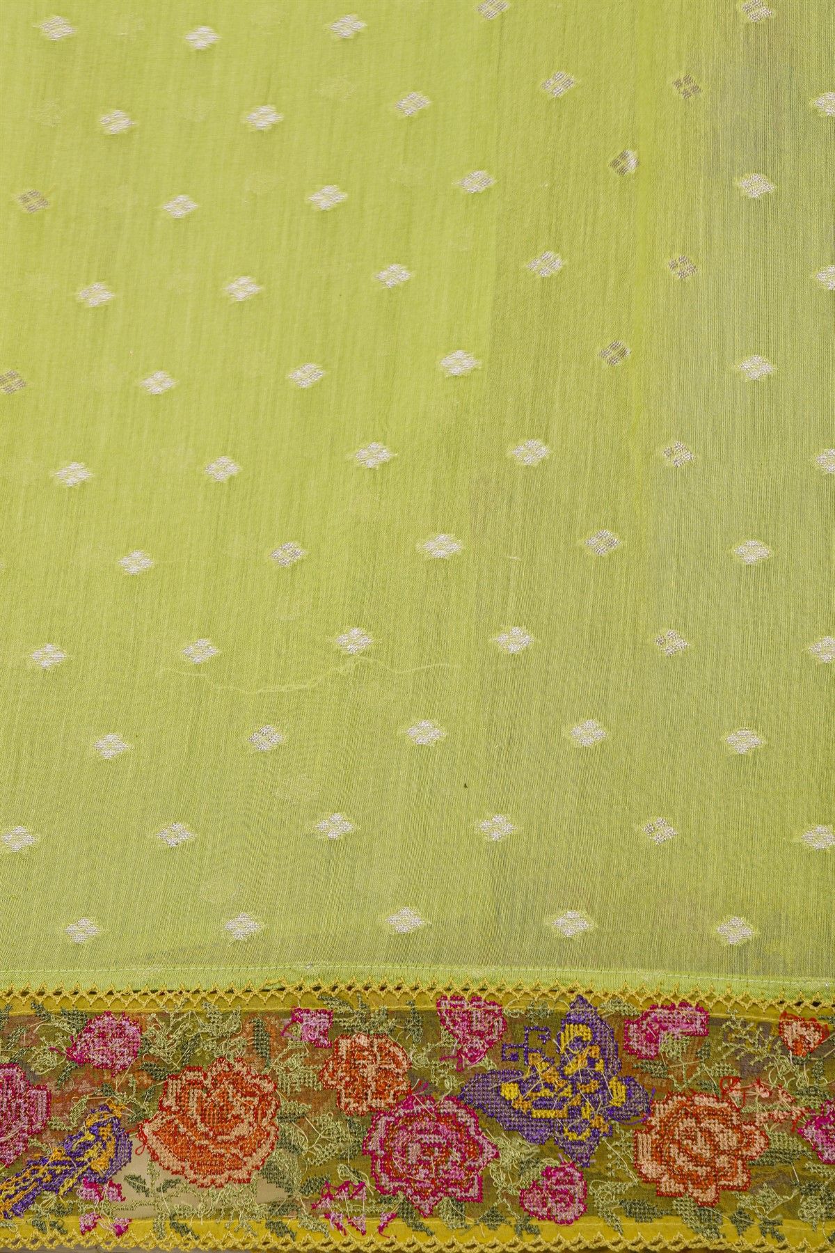 Fancy Kora Light Yellow Saree With Florals And Butterflies In Thread Work Border