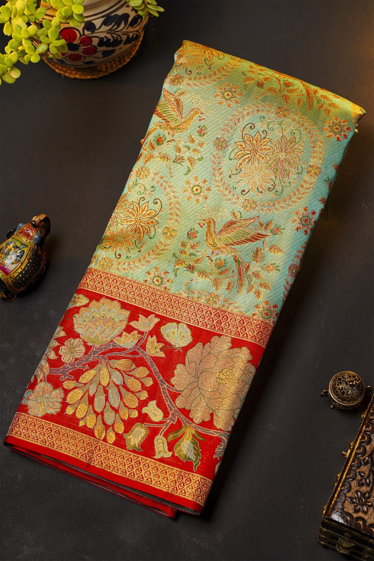 Kancheepuram Silk Sea Green Saree With All Over Meenakari