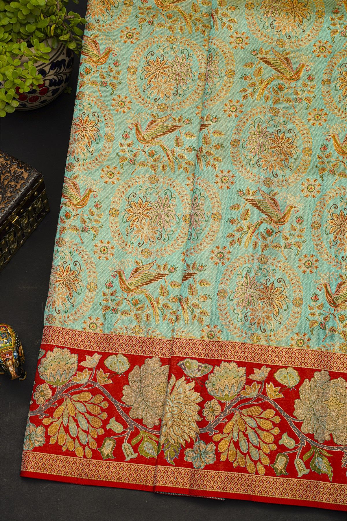 Kancheepuram Silk Sea Green Saree With All Over Meenakari