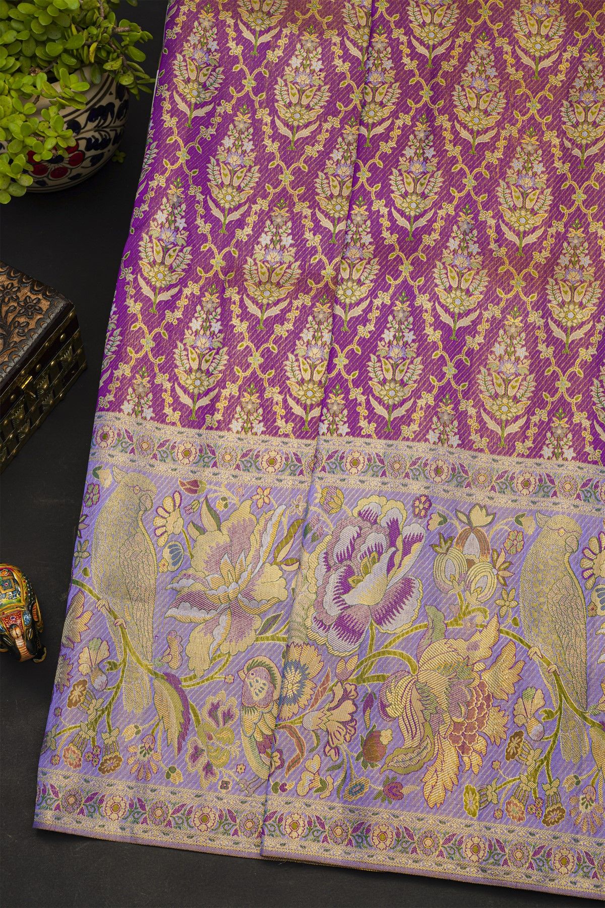 Kancheepuram Silk Purple Saree With All Over Meenakari Jamdani Weaving