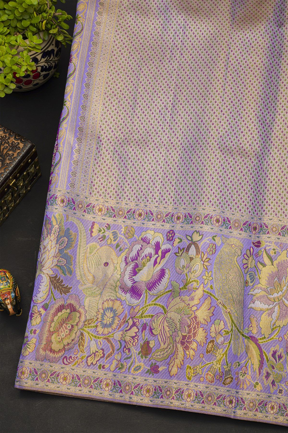Kancheepuram Silk Purple Saree With All Over Meenakari Jamdani Weaving