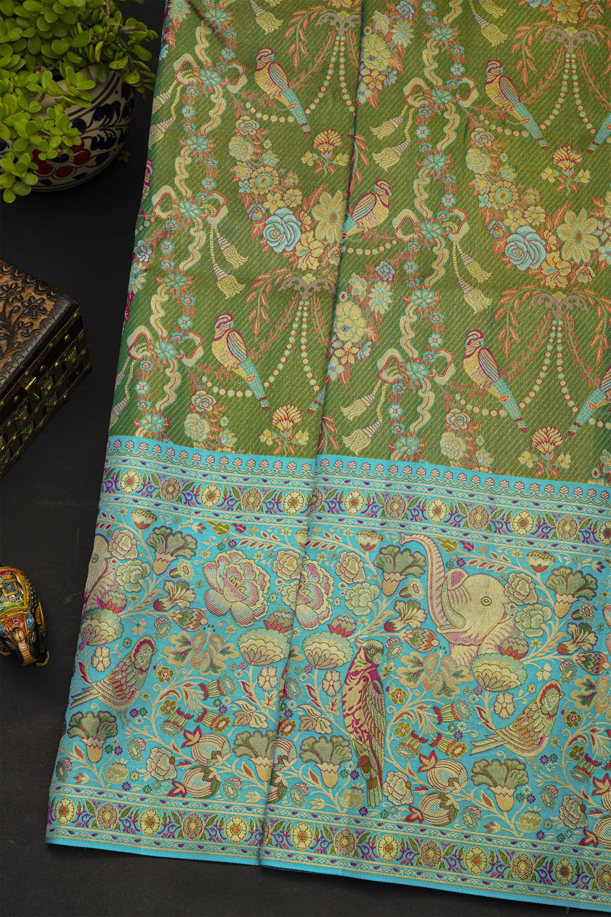 Kancheepuram Silk Bottle Green Saree With All Over Meenakari Body And Border