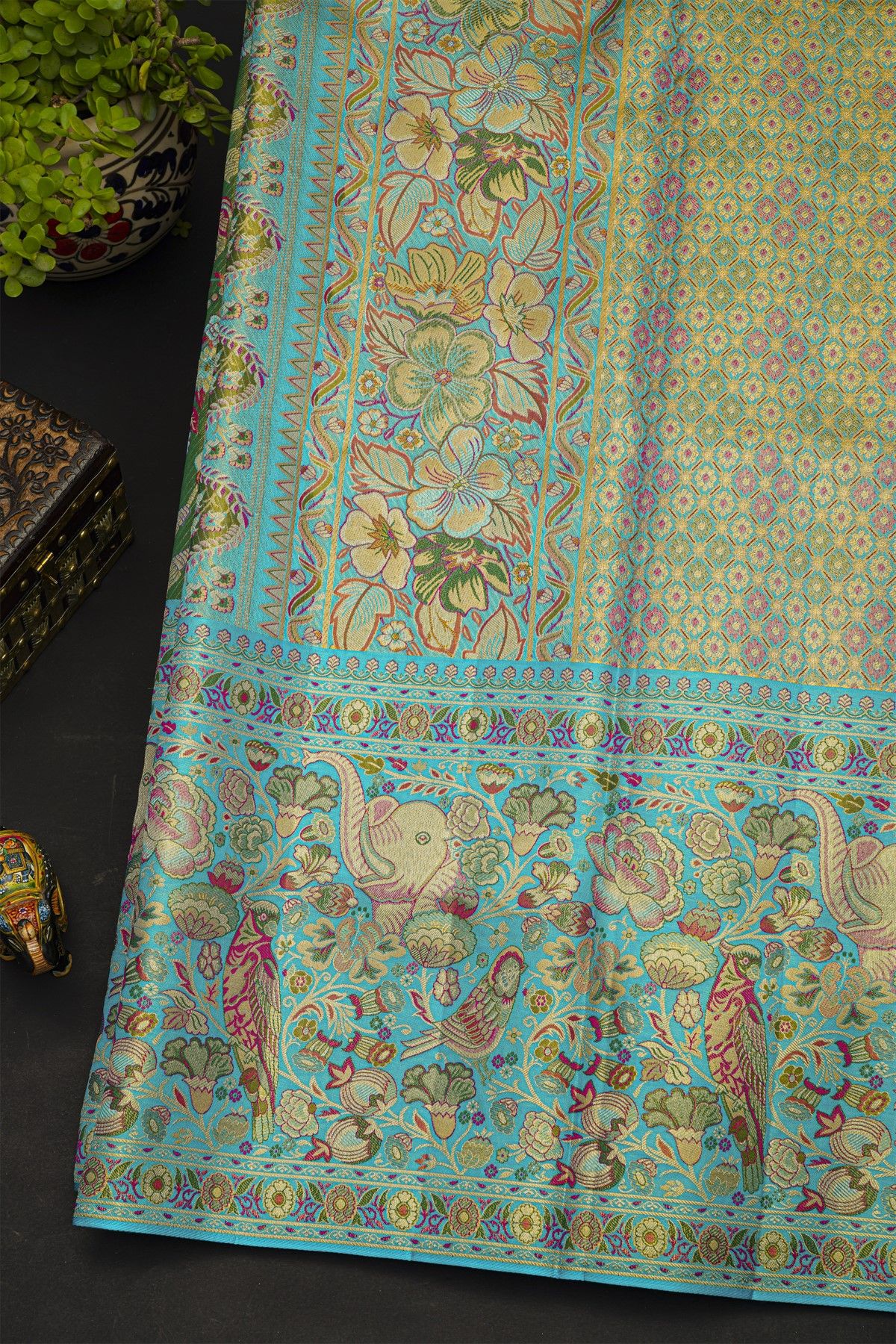 Kancheepuram Silk Bottle Green Saree With All Over Meenakari Body And Border