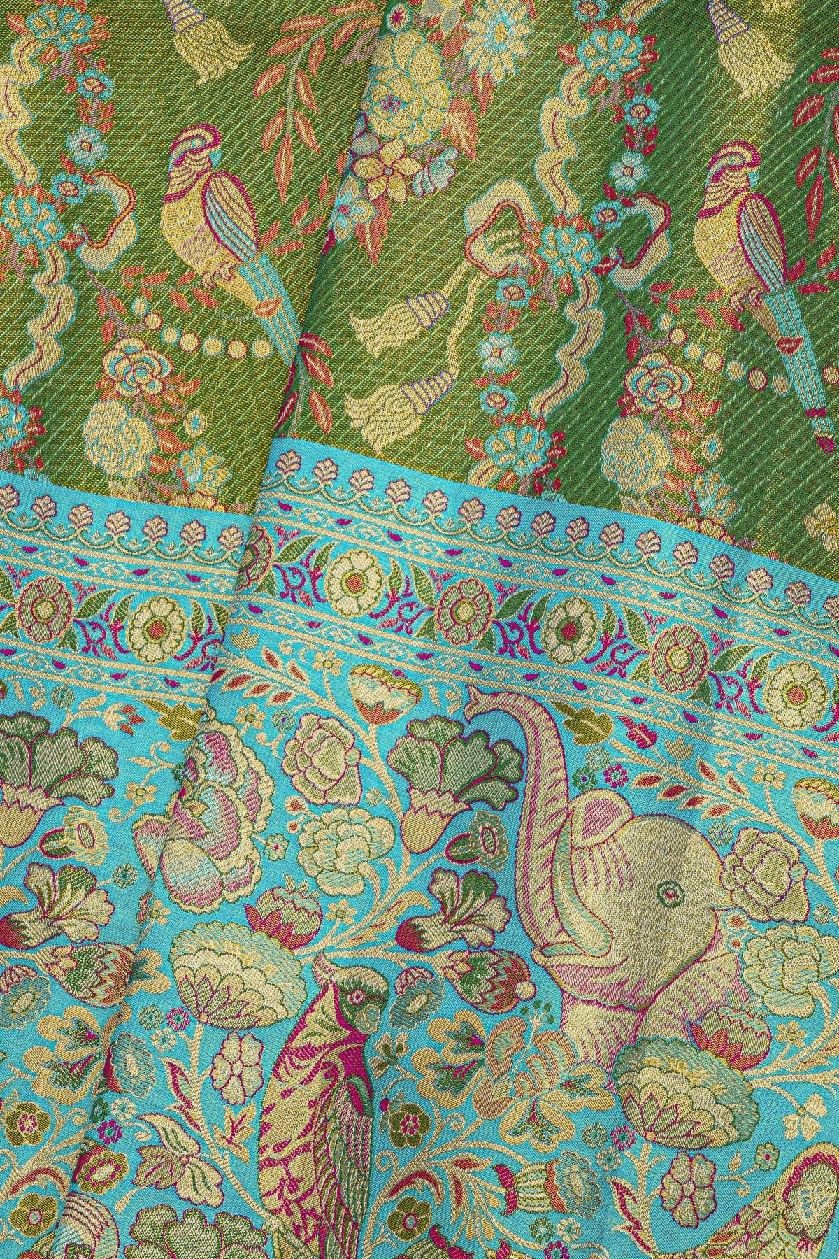 Kancheepuram Silk Bottle Green Saree With All Over Meenakari Body And Border