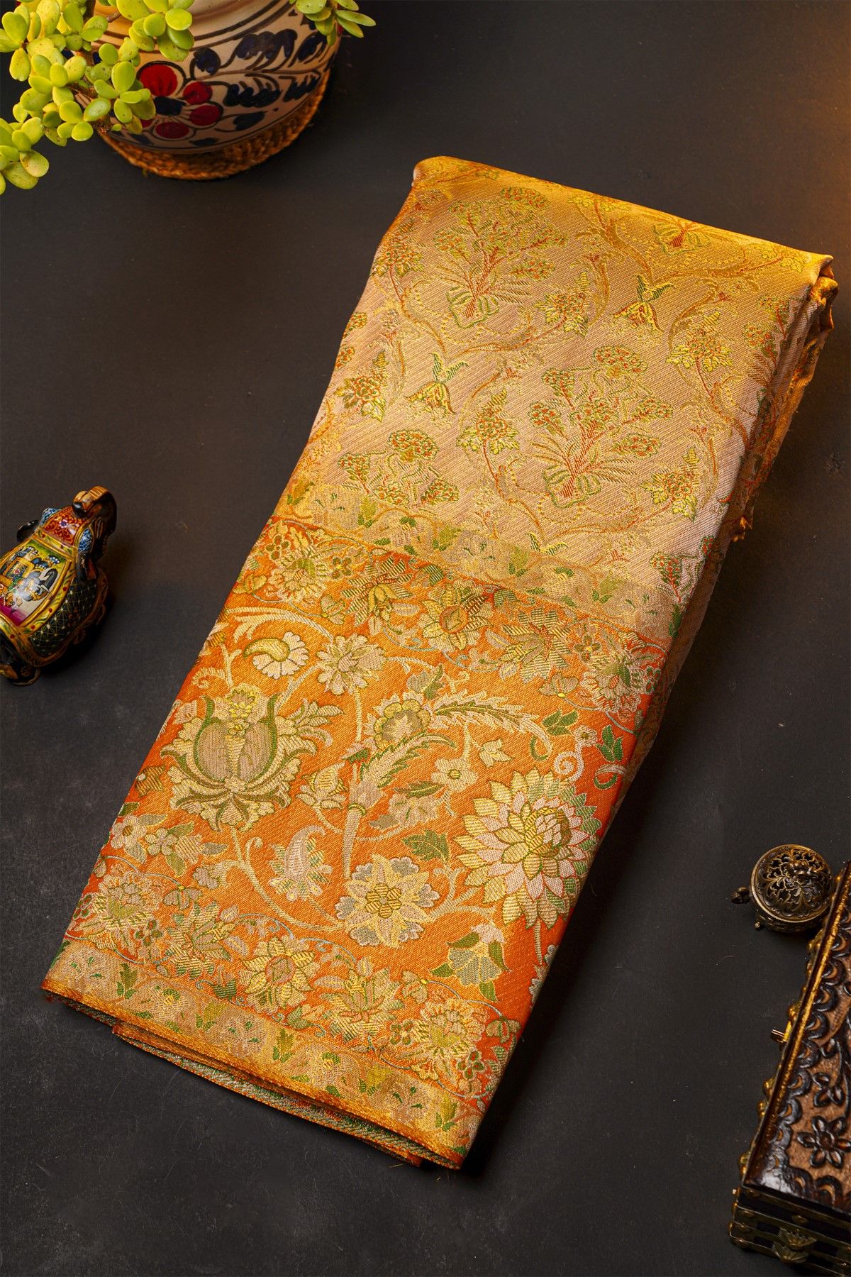 Kancheepuram Silk Cream Saree With All Over Meenakari