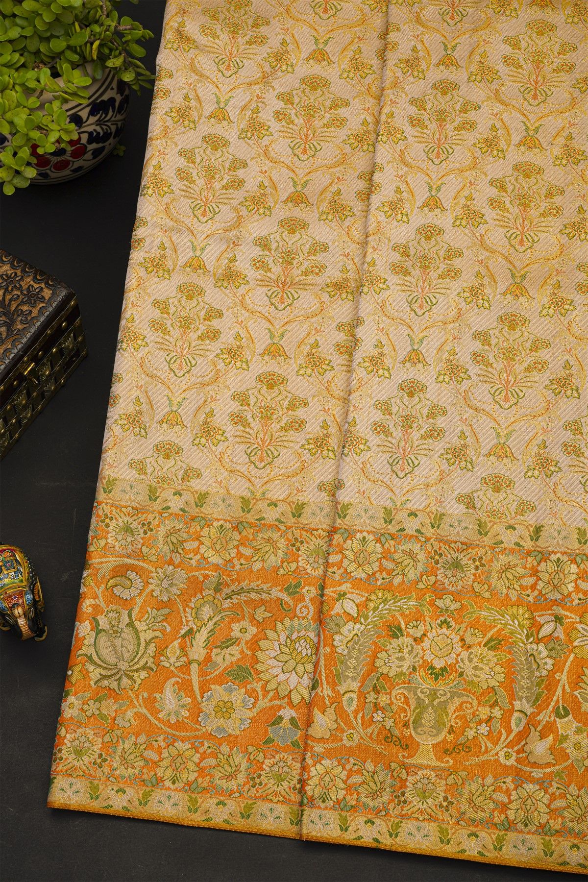 Kancheepuram Silk Cream Saree With All Over Meenakari