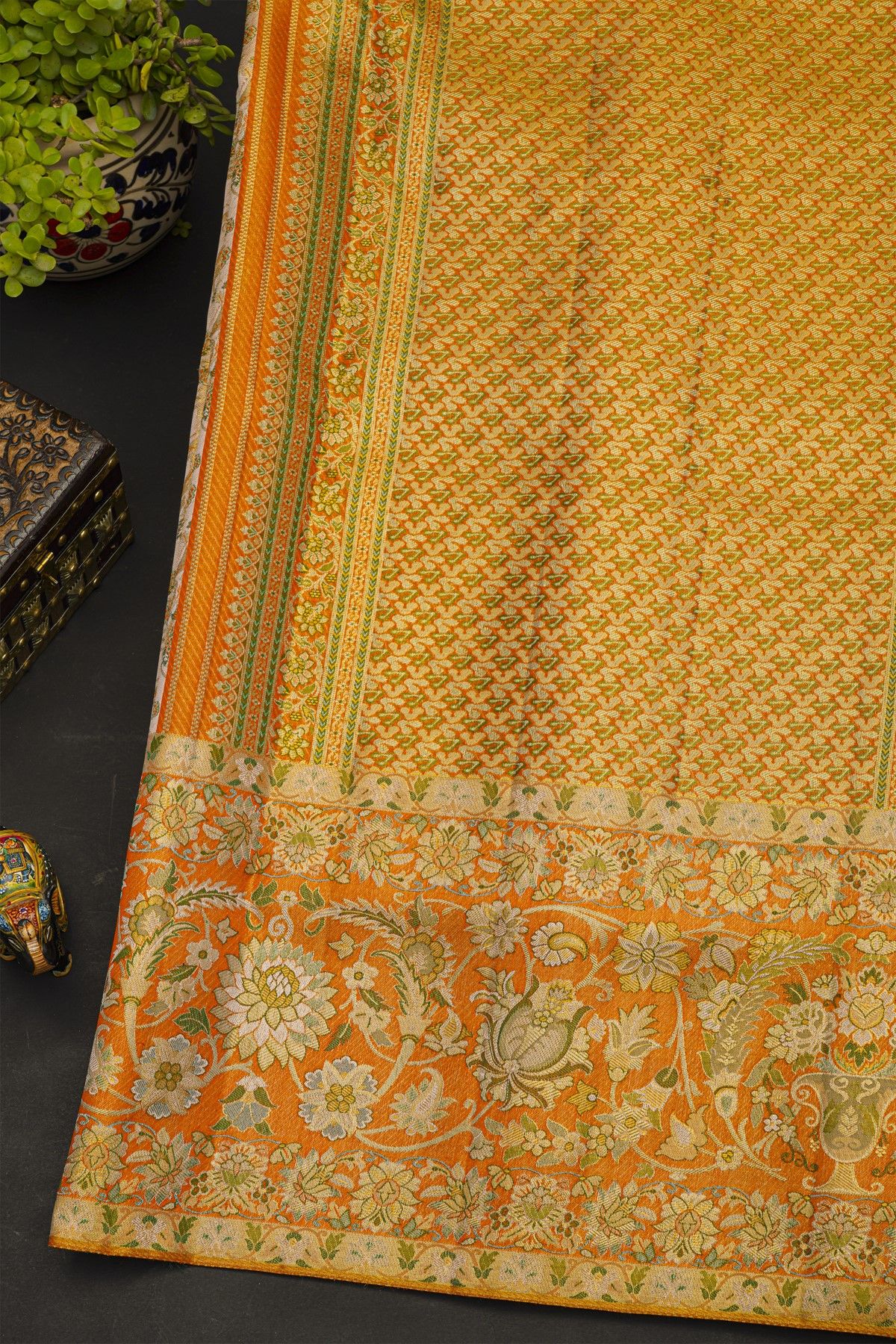 Kancheepuram Silk Cream Saree With All Over Meenakari