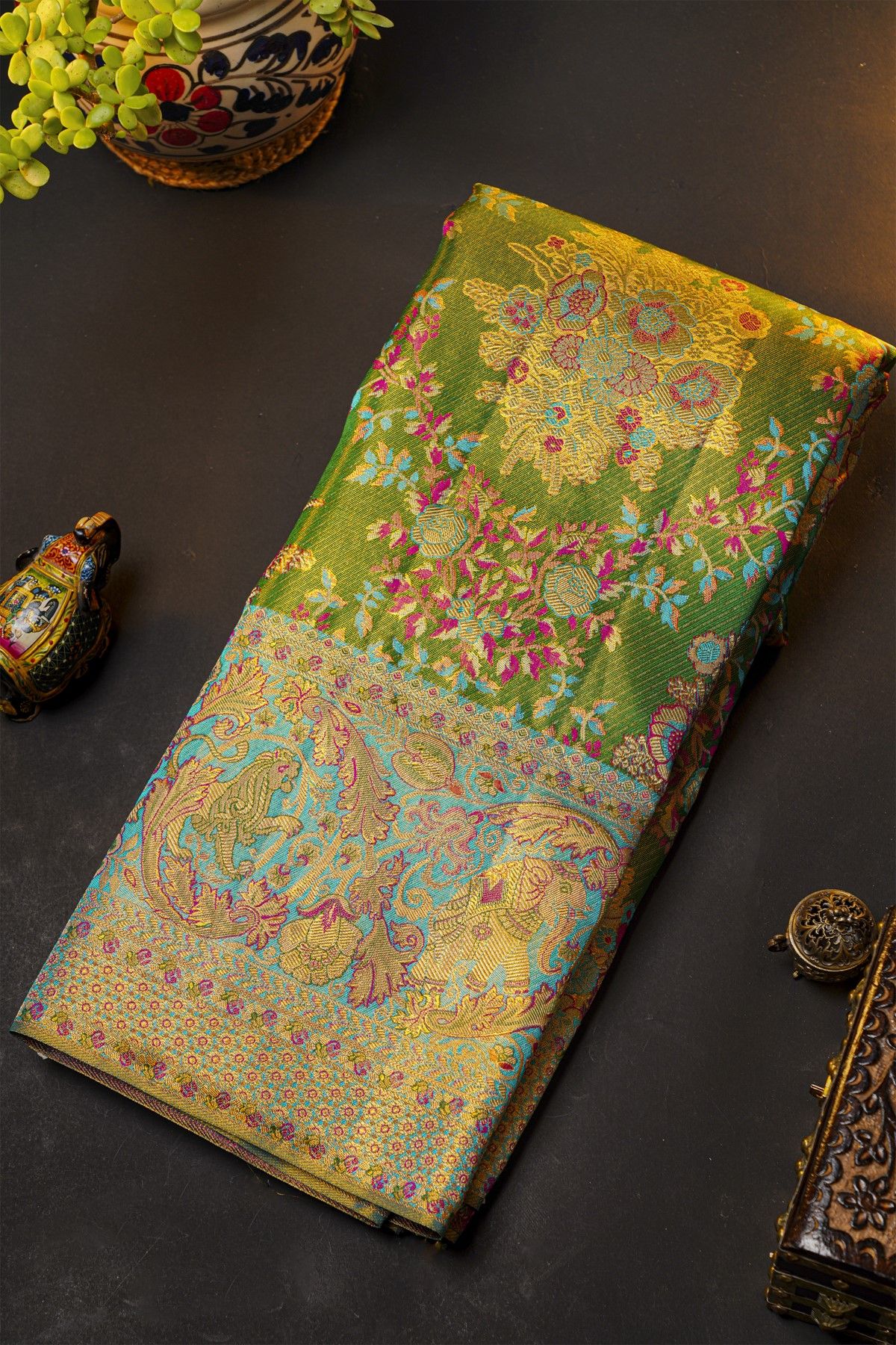 Kancheepuram Silk Leaf Green Saree With All Over Meenakari