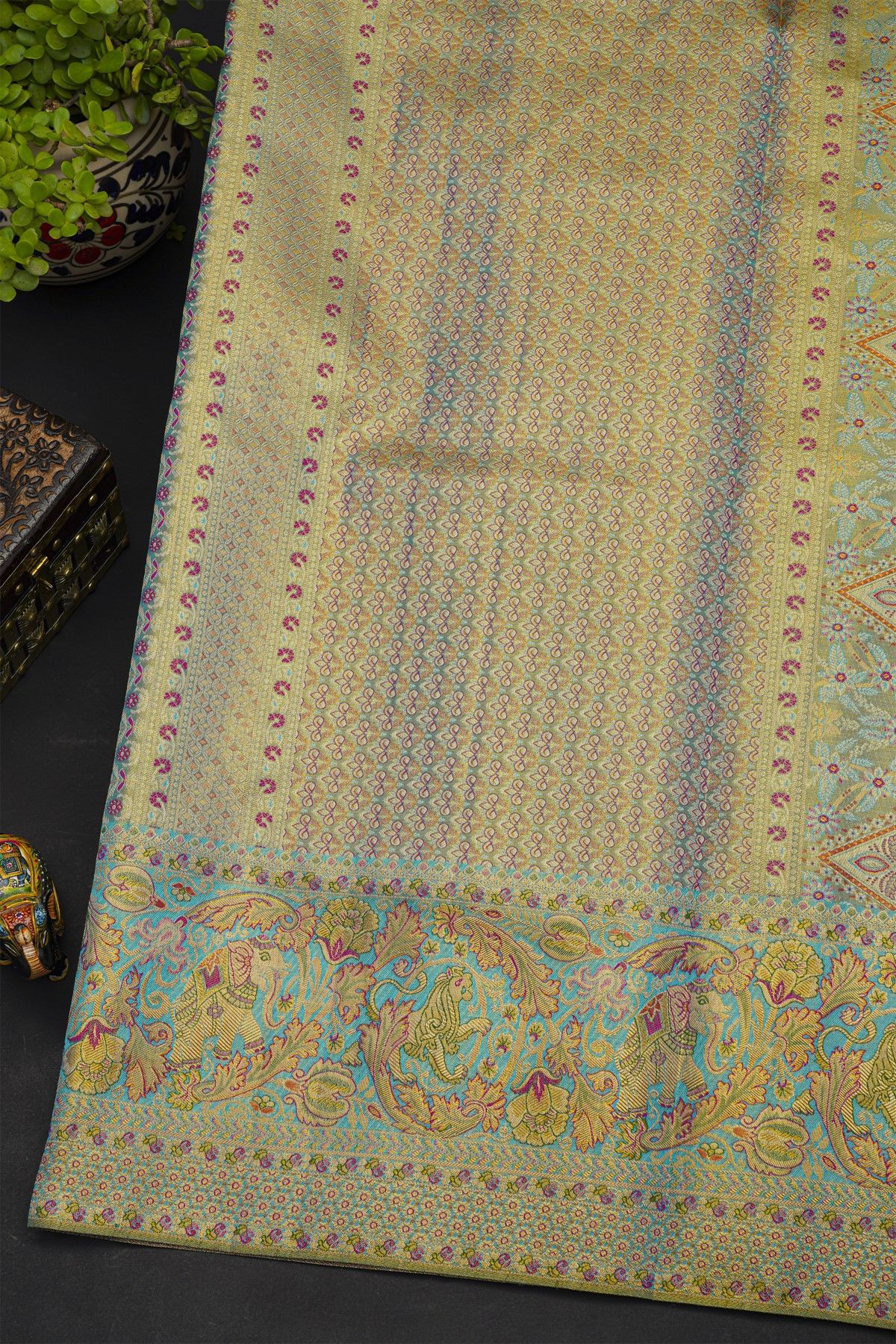 Kancheepuram Silk Leaf Green Saree With All Over Meenakari