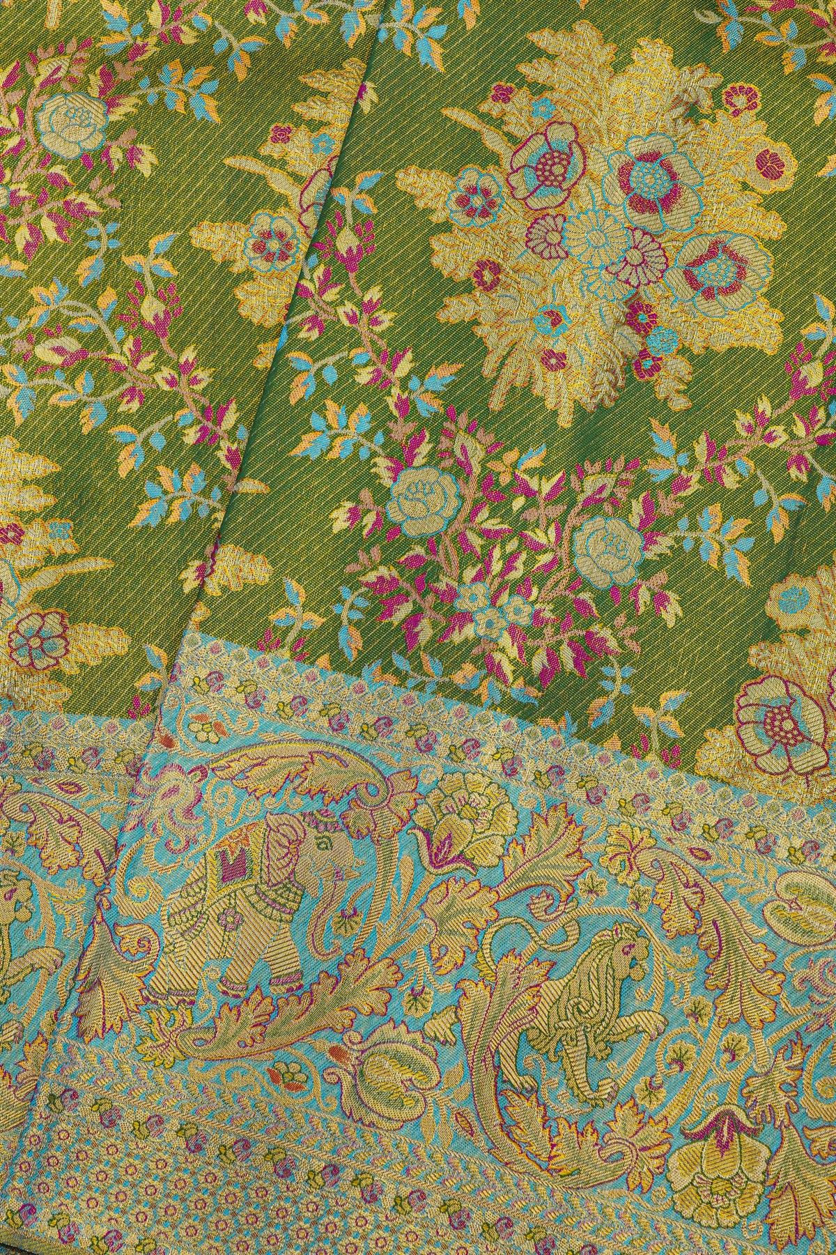 Kancheepuram Silk Leaf Green Saree With All Over Meenakari