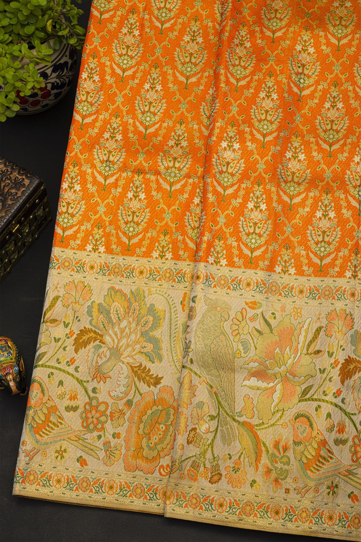 Kancheepuram Silk Orange Saree With All Over Meenakari